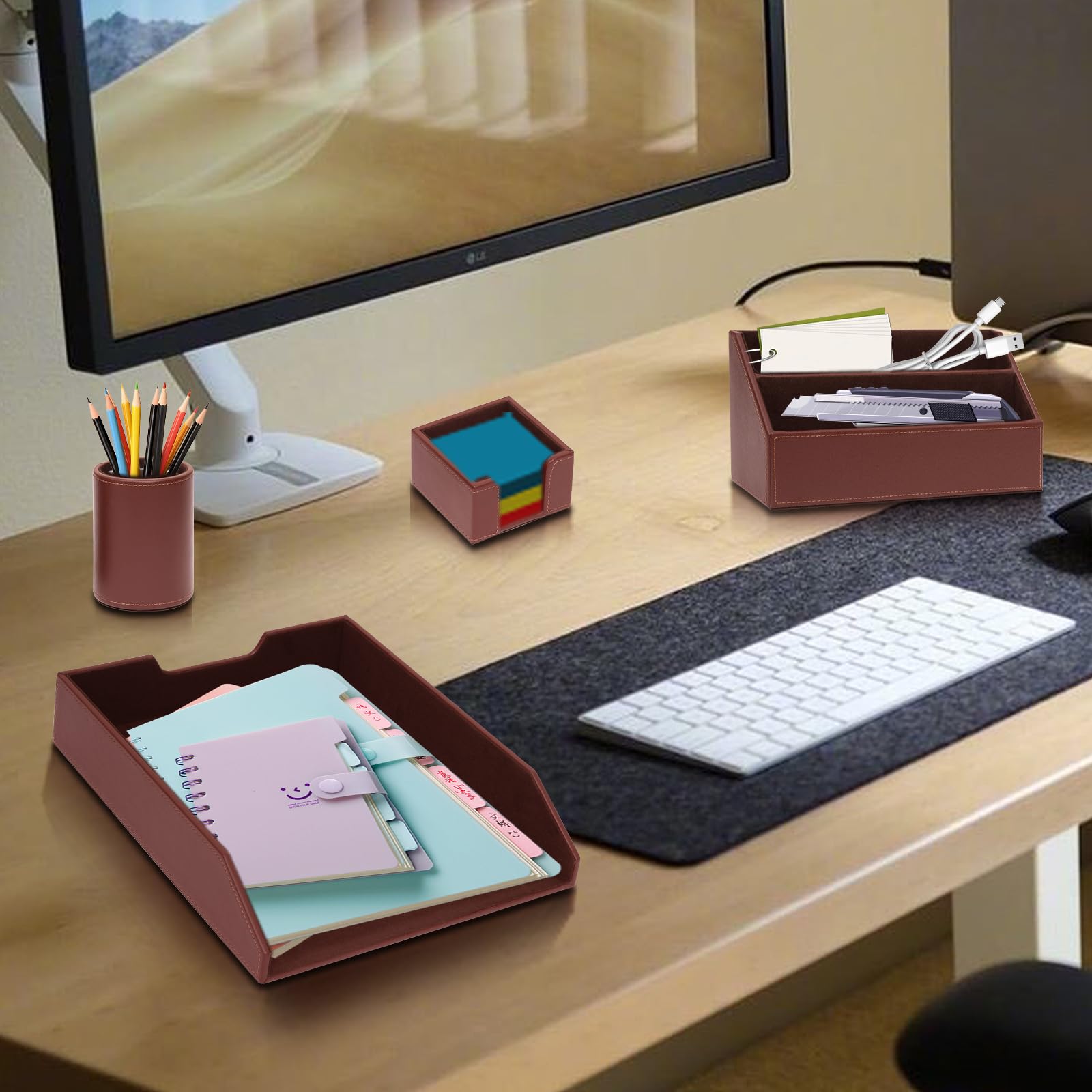 Lot de 6 organiseurs de bureau en cuir avec bloc-notes, plateau à papier, porte-revues, pot à stylos, marron