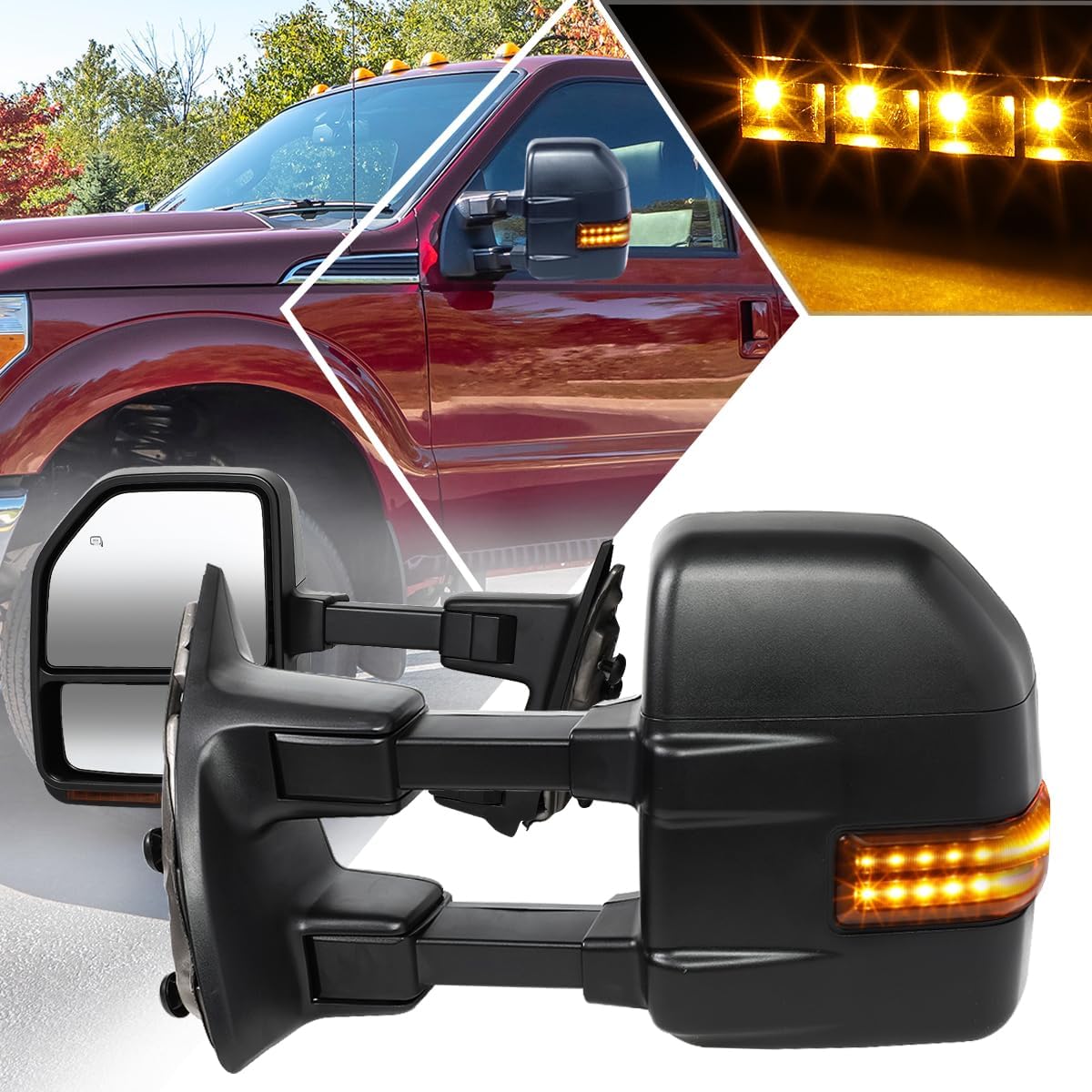[Pair] Power Heated Tow Towing Mirrors Side Mirrors w/Amber LED Signal Compatible with 08-16 Ford Super Duty,Black