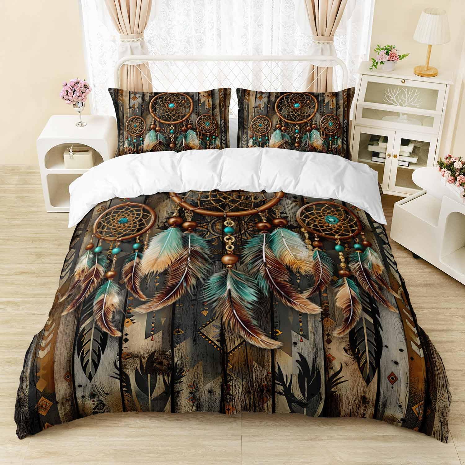 AILONEN Dream Catcher Duvet Cover Set Queen Size, Vintage Wood Bedding Set for Kids Teens Adults,Southwest Native Bohemian Comforter Cover Set,3-Pieces,1 Quilt Cover + 2 Pillowcases
