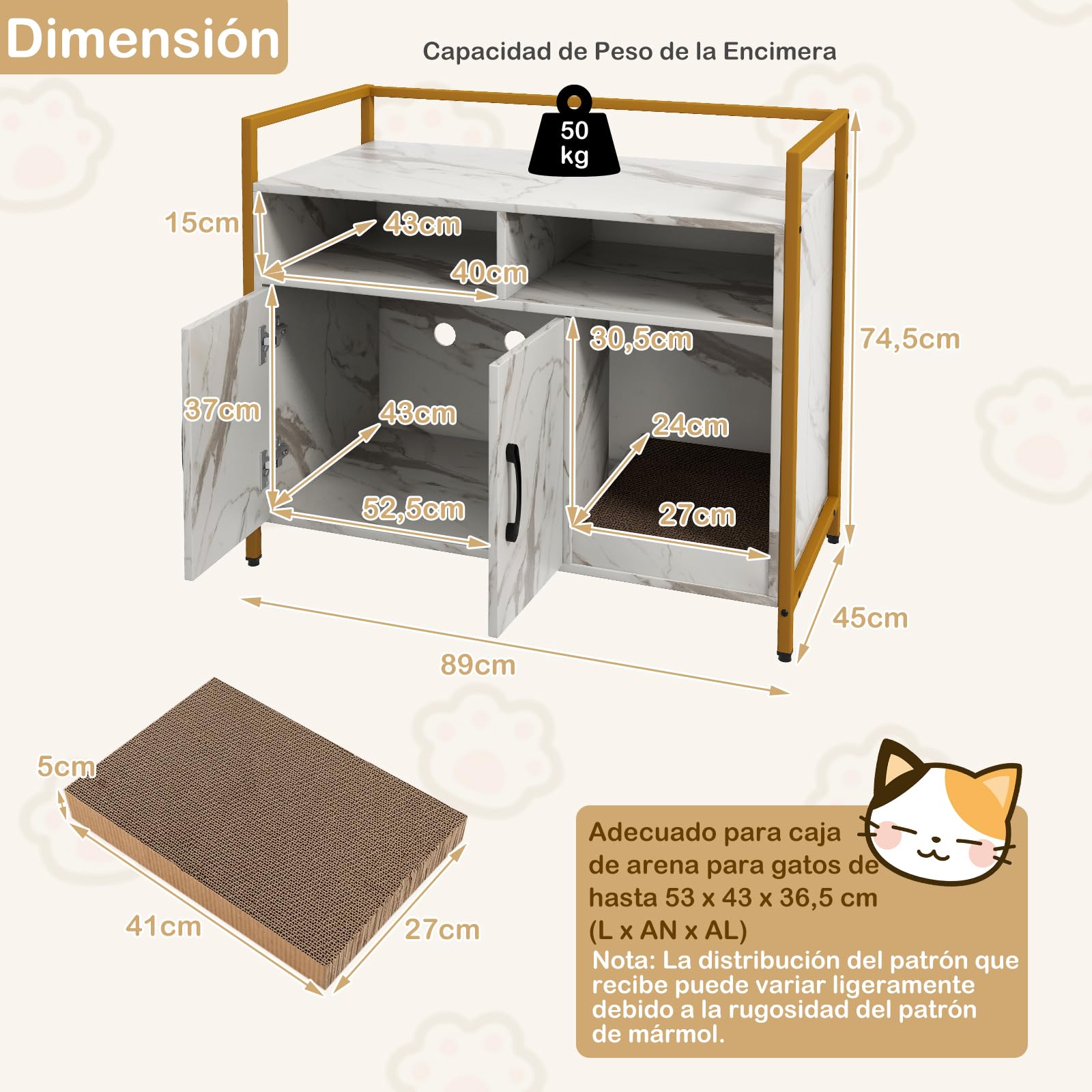 GOPLUS Mueble Arenero para Gatos, Caja de Arena para Gato con Estructura de Metal, Aseo Cerrado con Estantes, Casa de Mascotas Interior, Lavabo Oculto para Mascota, 89 x 45 x 74,5 cm (Mármol)