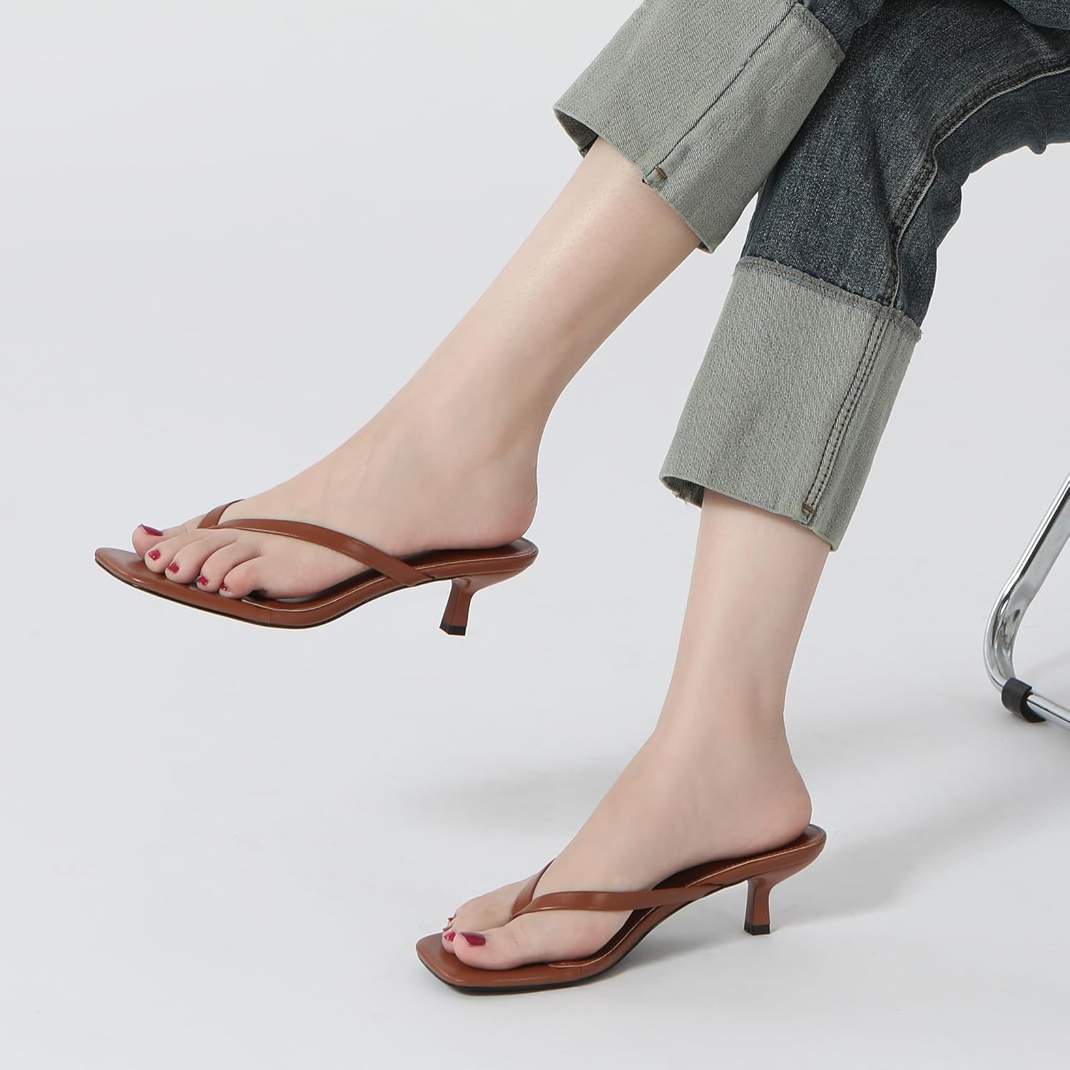 Women's Kitten Heel Sandals Square Toe Slip on Flip Flop Heels 2 Inch Thong Sandals Party Dress Heeled Sandals - Image 2