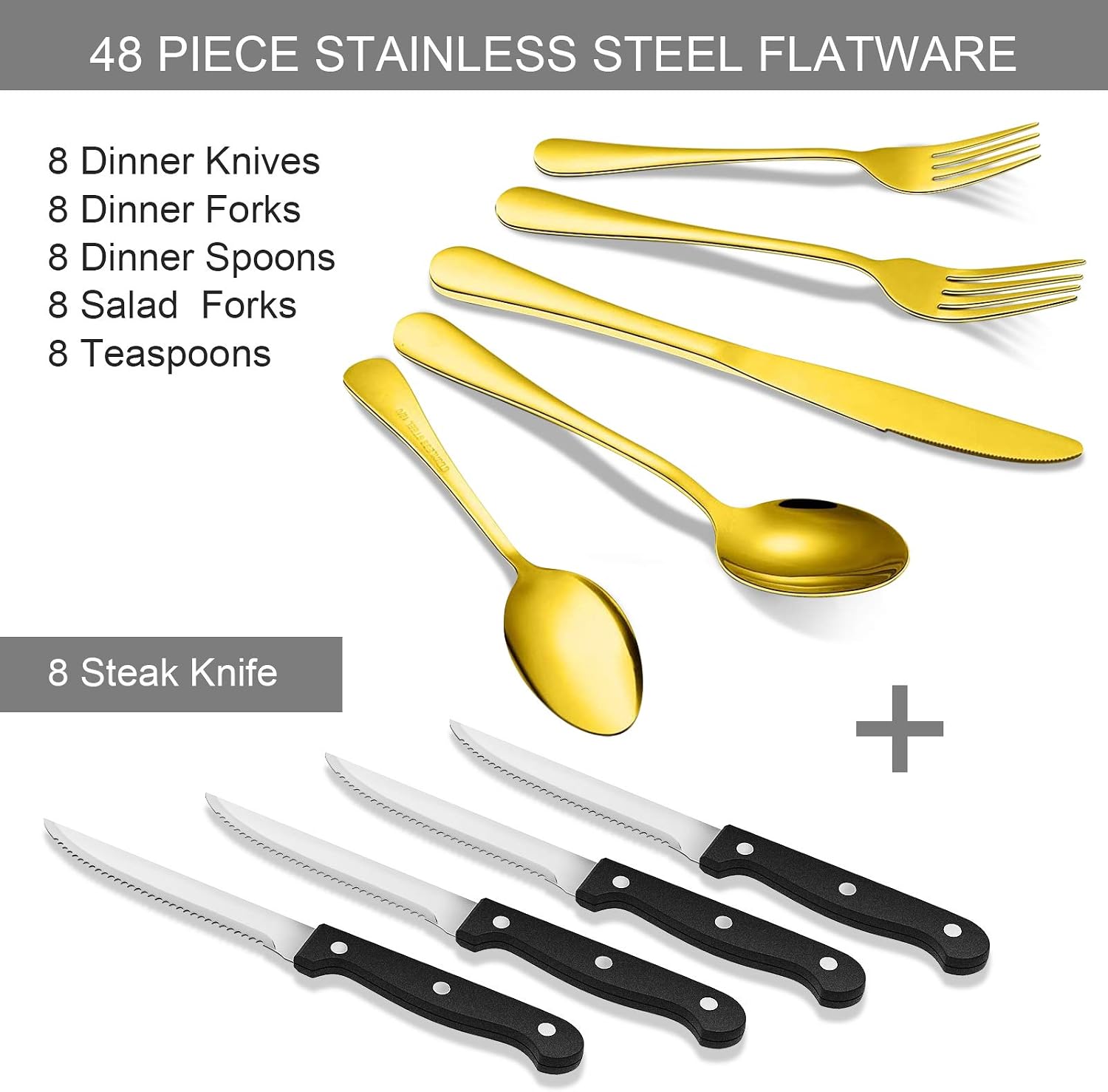 Umite Chef Gold Silverware Set, 48 Piece Stainless Steel Flatware Cutlery Set Service for 8, Tableware Eating Cutlery Set Include Knives/Forks/Spoons/Steak knives, Mirror Polished, Dishwasher Safe