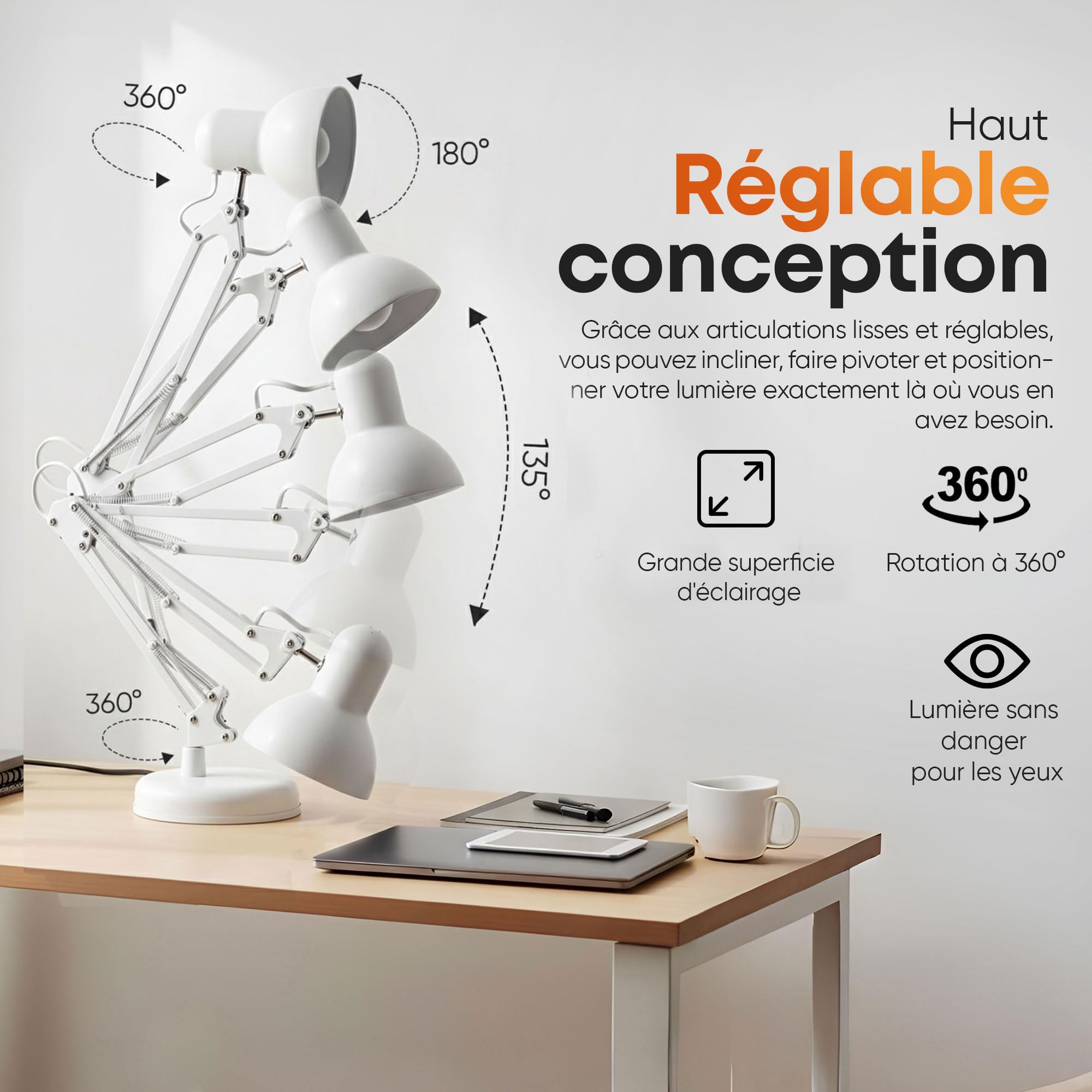 GOODS+GADGETS® Lampe de Bureau Articulée Rétro en Métal - LED Incluse | Lampe d'architecte à bras articulé, hauteur 55 cm, douille E27, ampoule LED 6 W A+ fournie