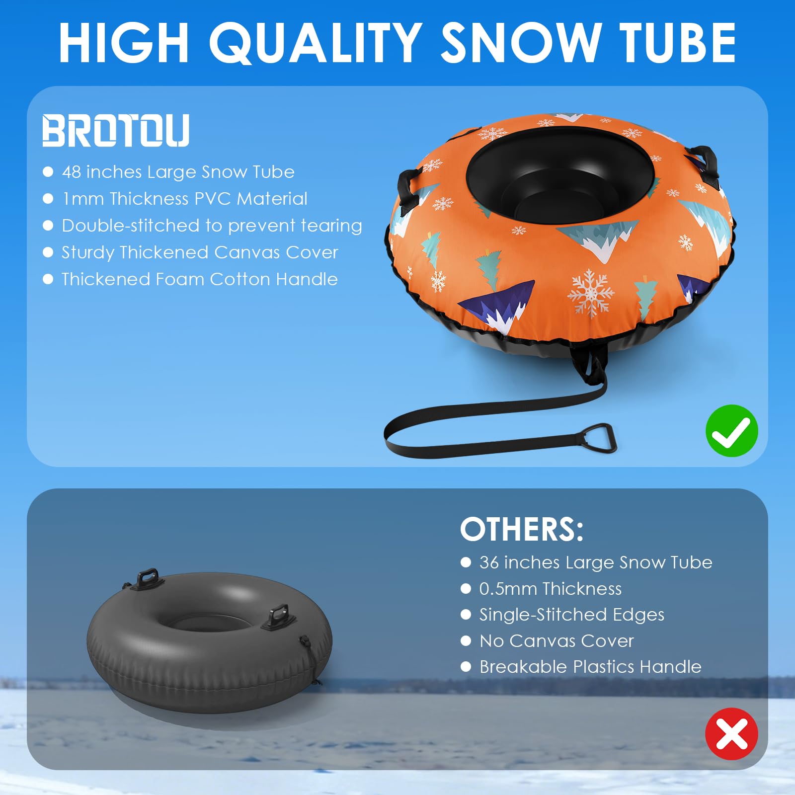 BROTOU Trineo inflable de nieve 120 cm con asas y funda