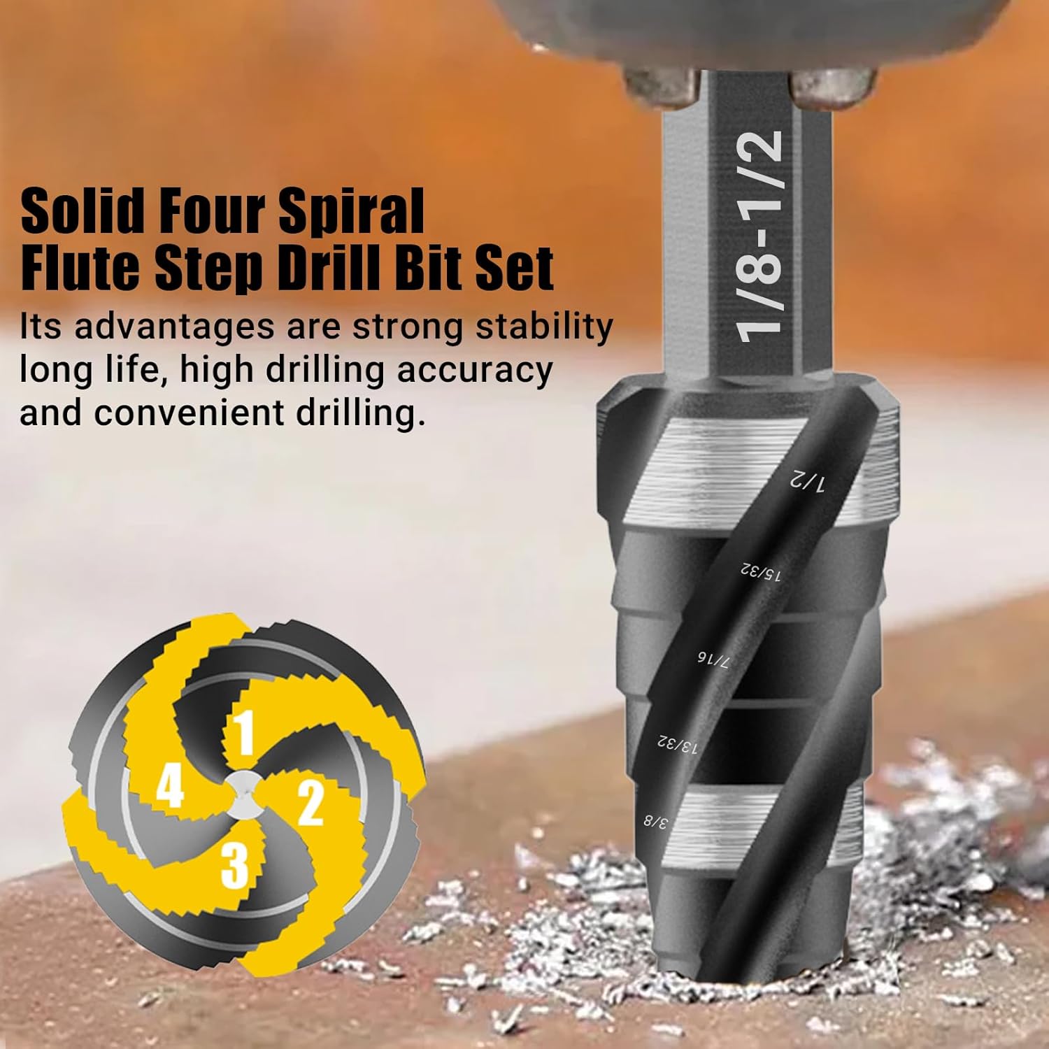 Four Spiral Flute Step Drill Bit Set, 5 Pieces 1/8"-1-3/8" HSS Unibit Step Drill Bit, 1/4" and 3/8" Shank Step Bits for Metal, Aluminum, Wood, Plastic