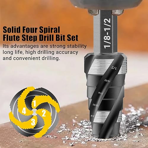 Miniatura 4 de Juego de 4 brocas en espiral con paso de flauta, 5 brocas HSS Unibit de 18"-1-38", brocas escalonadas de vástago de 14" y 38" para metal, aluminio,