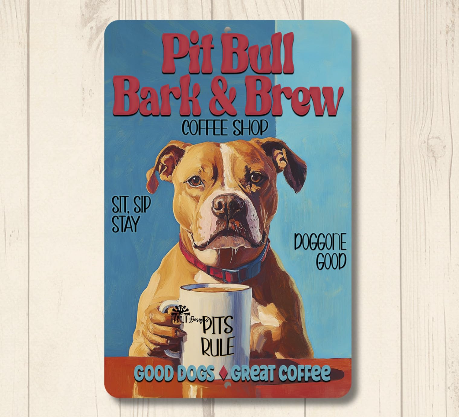 Pit Bull Coffee Bar Sign Bark & Brew bull dog funny metal tin kitchen decor gift home decor