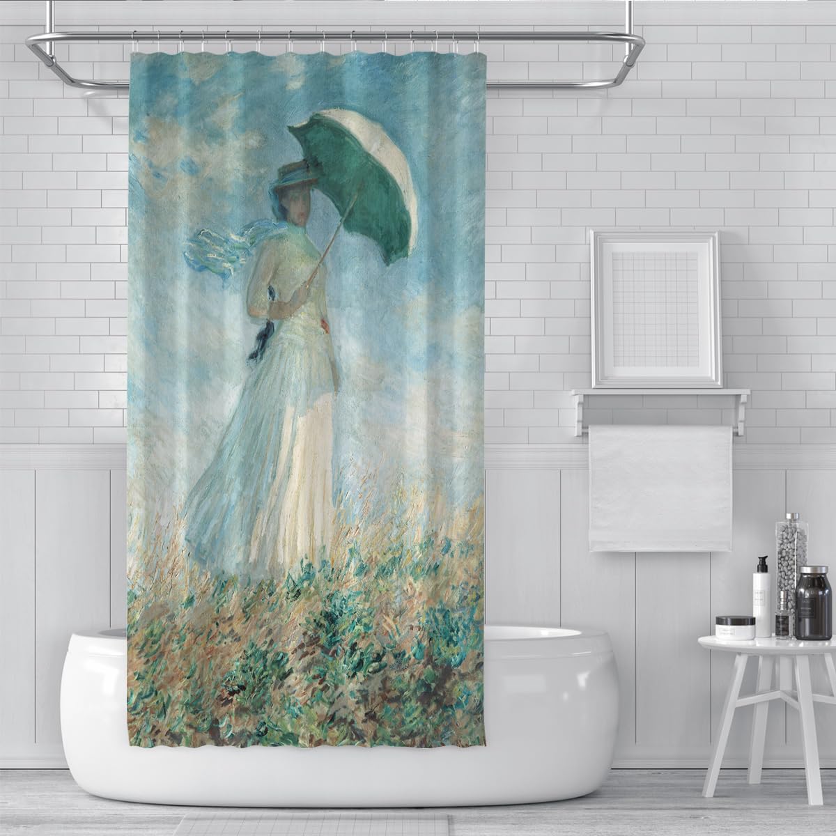 Set di Tende doccia per bagno Donna Elegante 180x200cm | Tende da doccia Blue Sky Flower Field impermeabili con stampa HD in tessuto ad asciugatura rapida con ganci