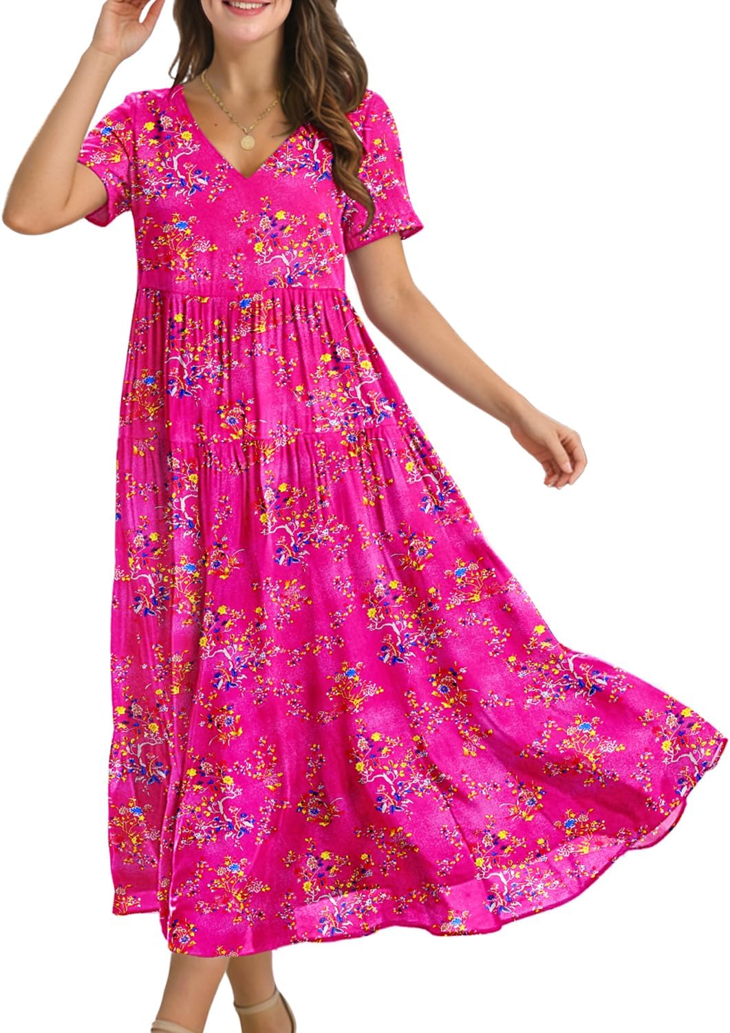 YESNO Women's Summer Maxi Dresses Casual Floral Short Sleeve V Neck Boho Beach Vacation Swing Dress with Pockets EVF