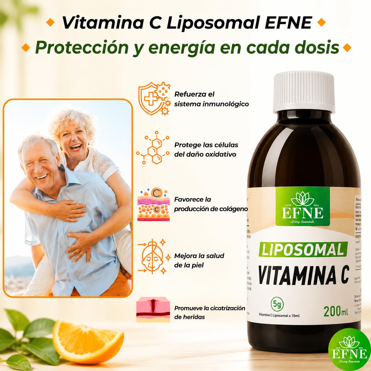 Vitamina C Liposomal 100% | Botella de 500 ML | 5 Gramos de LIPOSOMAL por 10 ML | Máxima absorción | Dosificación Potente | Suministro para más de 1 mes | EFNE |