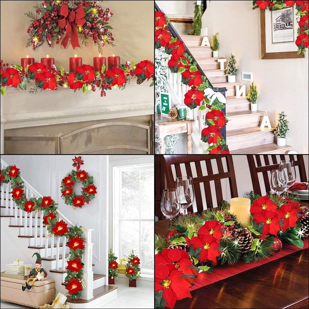 Künstliche Weihnachtsstern Lichtschnur 40LED Rote Beeren Ahornblatt Rebe Fee Girlande Licht Blumenpflanze Weinkranz Lampe Batterie Angetrieben(Rot Poinsettia-LED, 4 Sätze)