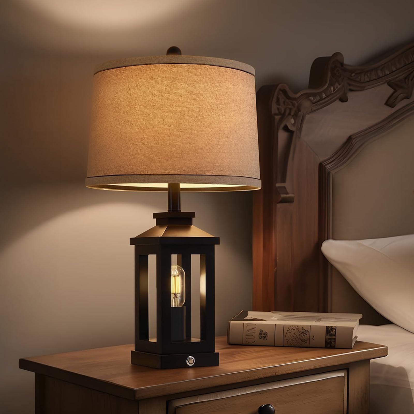G-SAFAVA 23.75" Retro Farmhouse Black Table Lamp for Living Room Bedroom Nightstand Single Pack Touch Control Bedside Nightlight Vintage Modern Lamp with USB C+A Ports and 2 Light Sources
