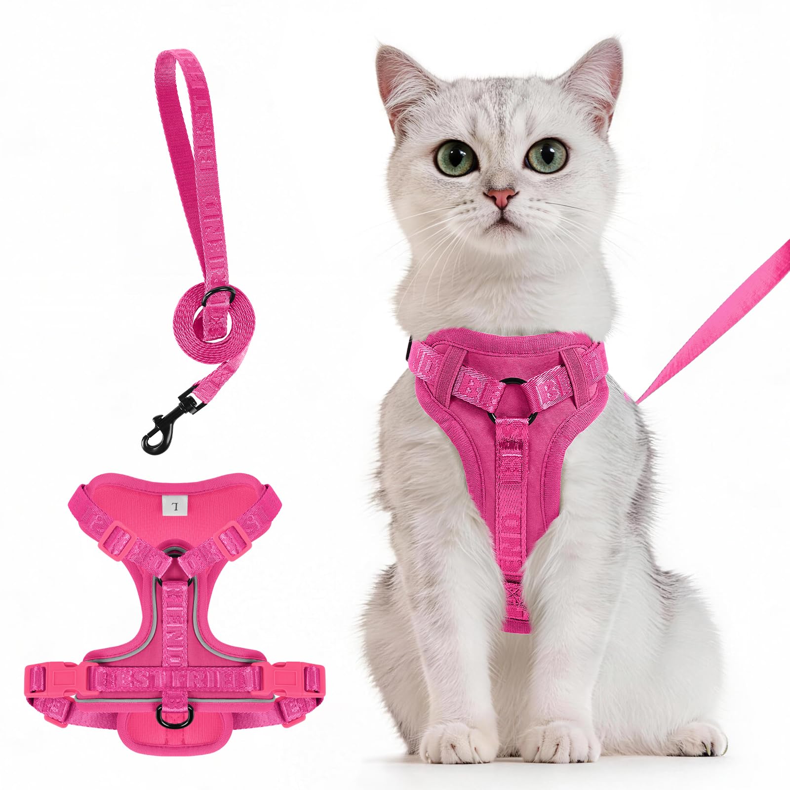 Muecleao Cat Harness and Lead Set, Reflective Adjustable Vest with Elastic Belly, Soft Mesh Breathable Escape Proof Walking Jacket for Cats (Rose Red, XL)