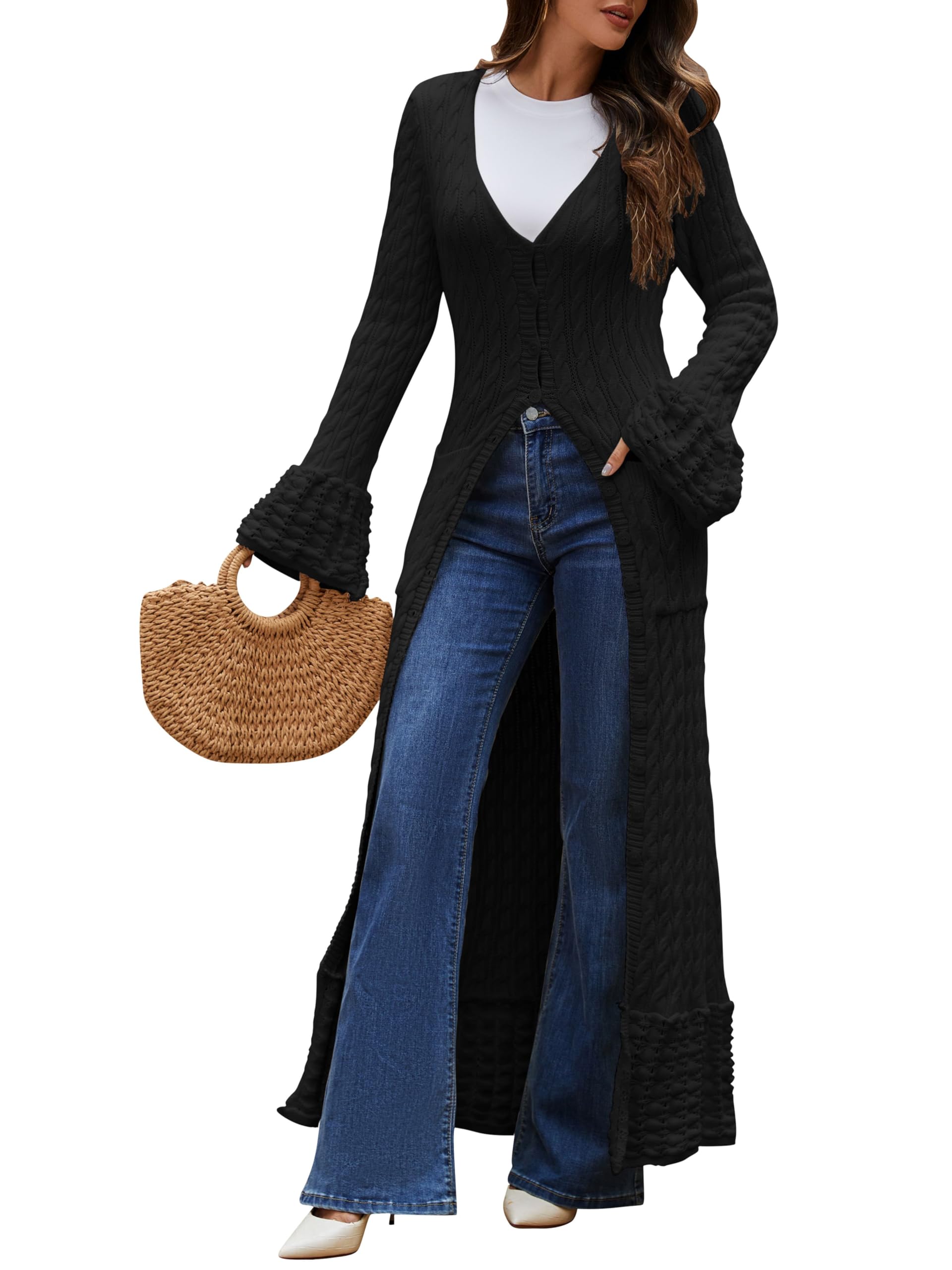 Maxi Long Cardigan Sweater for Women Button Down Bell Sleeve Ruffle Thick Warm Chunky Cable Knit Fall Winter