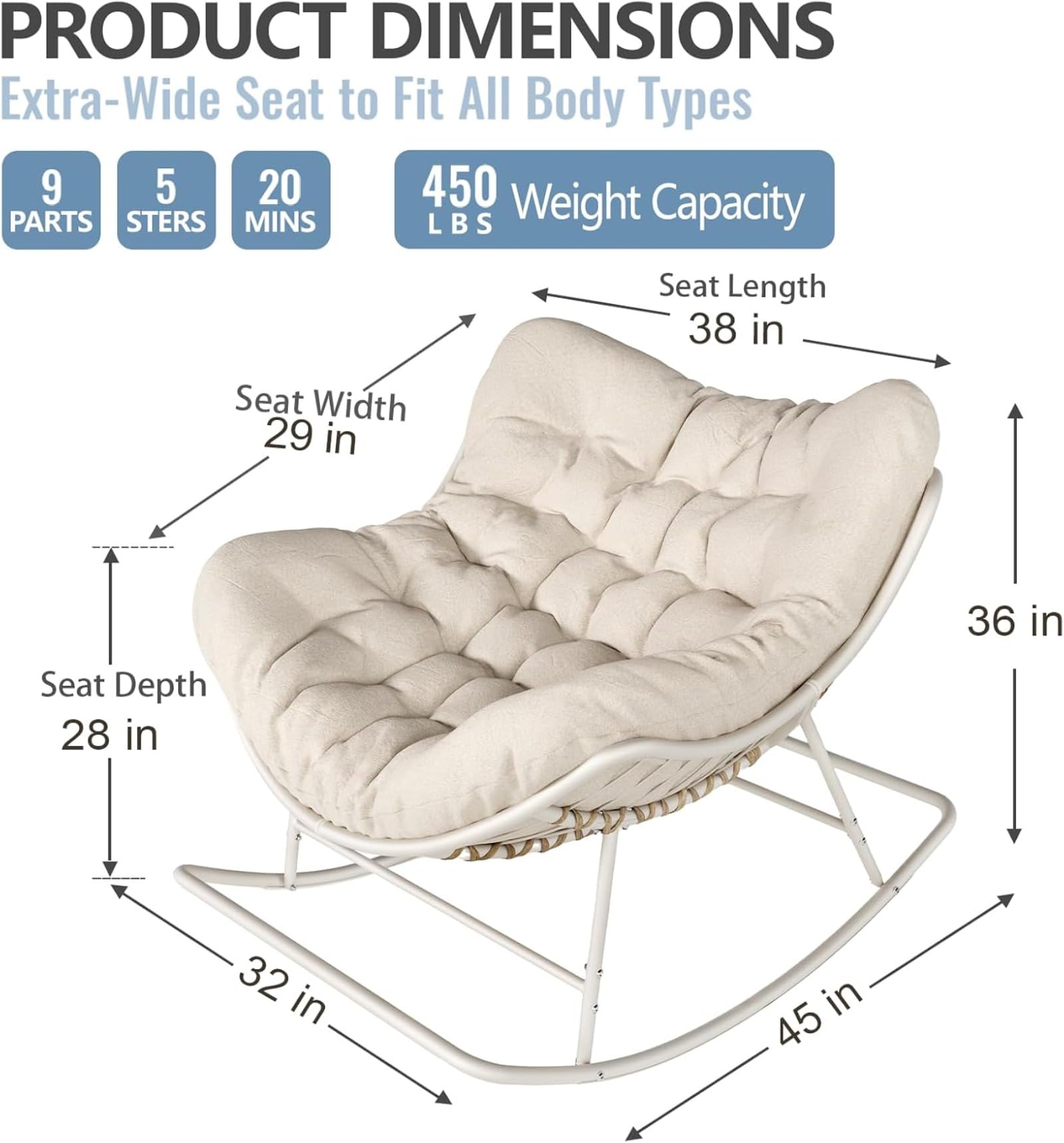 Chaise à bascule surdimensionnée en rotin tissé en forme d'œuf avec coussin, capacité de charge de 204 kg, utilisation en intérieur et en extérieur, pour balcon, salon, terrasse – Rotin polyéthylène
