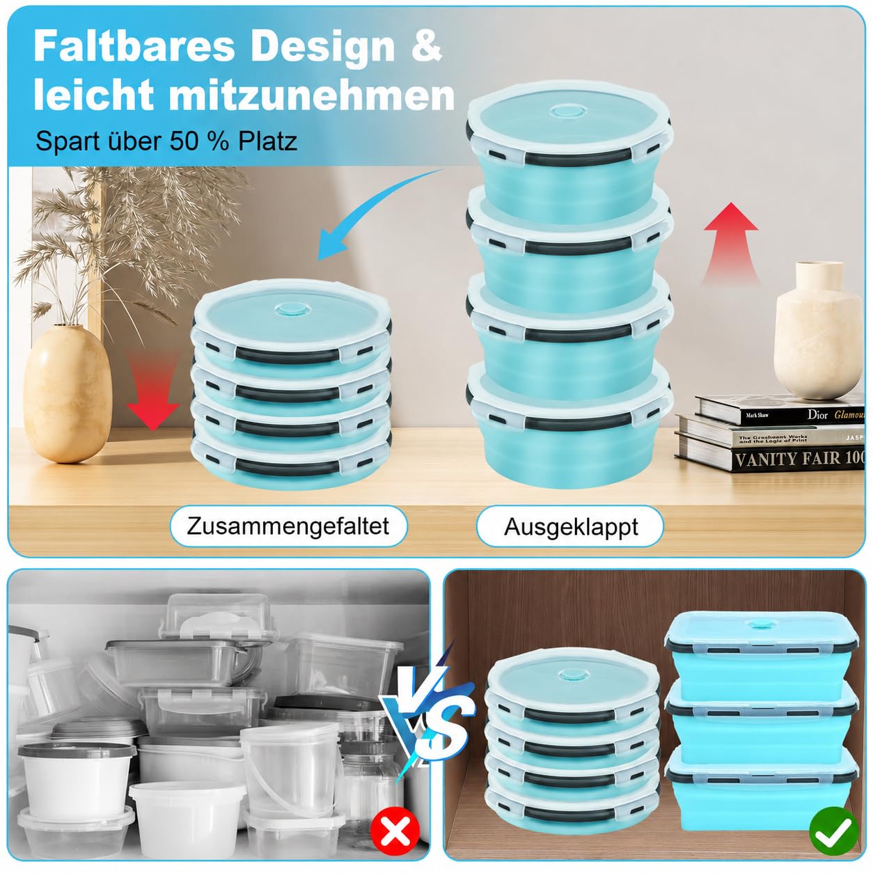 10er Set Faltbare Frischhaltedosen mit Deckel für Camping, 1200 ml