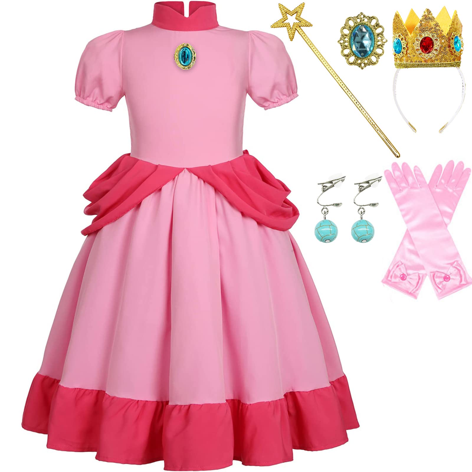 Coseaon Peach Principessa Cosplay Costume Bambina Peach Vestito Ragazza Abito Rosa Peach Costumi con Accessori Principessa Principessa Dress Bambini per Halloween Carnevale