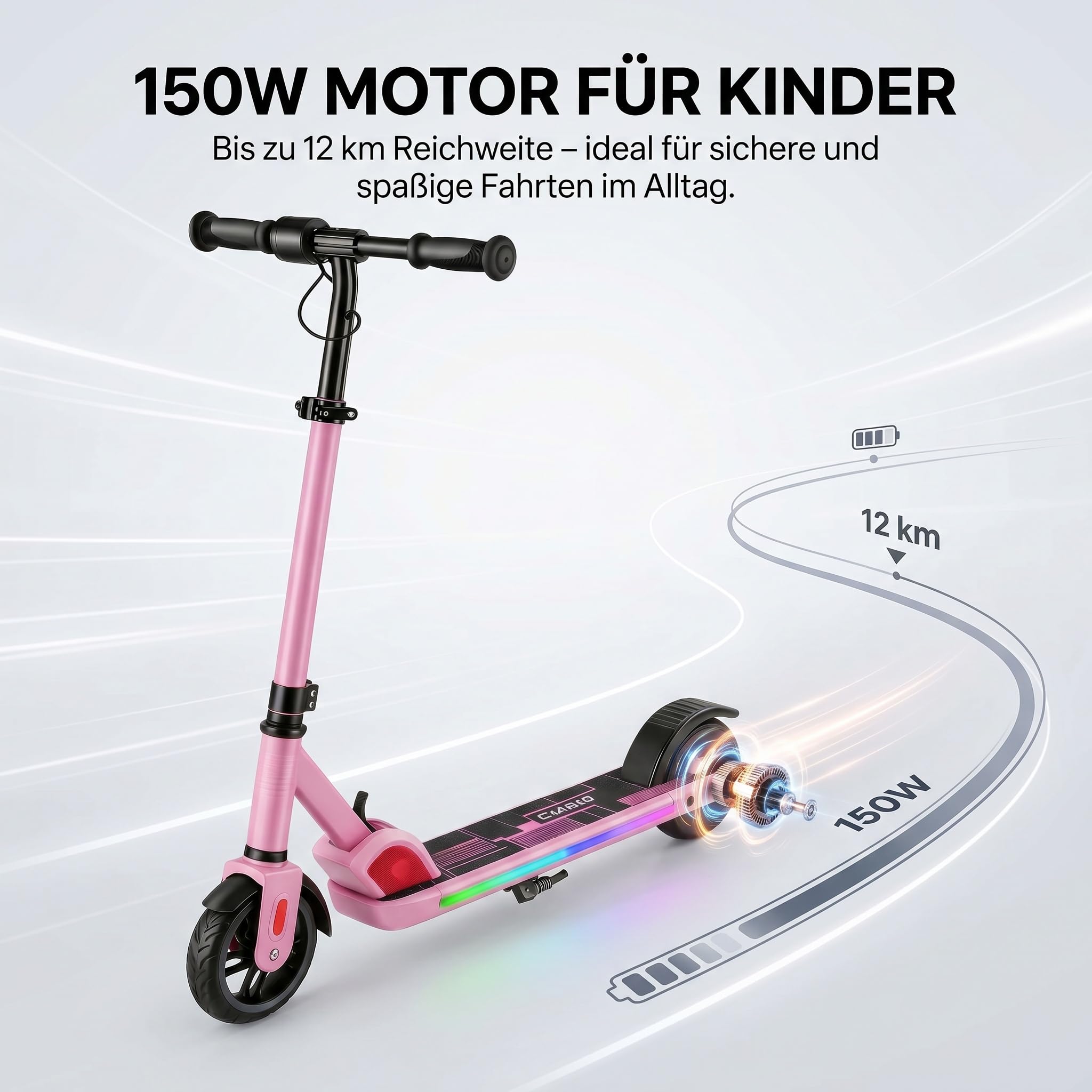 Caroma Patinete eléctrico para niños de 6 a 12 años, Motor de 150 W hasta 16 km/h, Alcance de 12 km, Patinete eléctrico Plegable con Luces Coloridas y Pantalla LED, Velocidad y Altura Ajustables