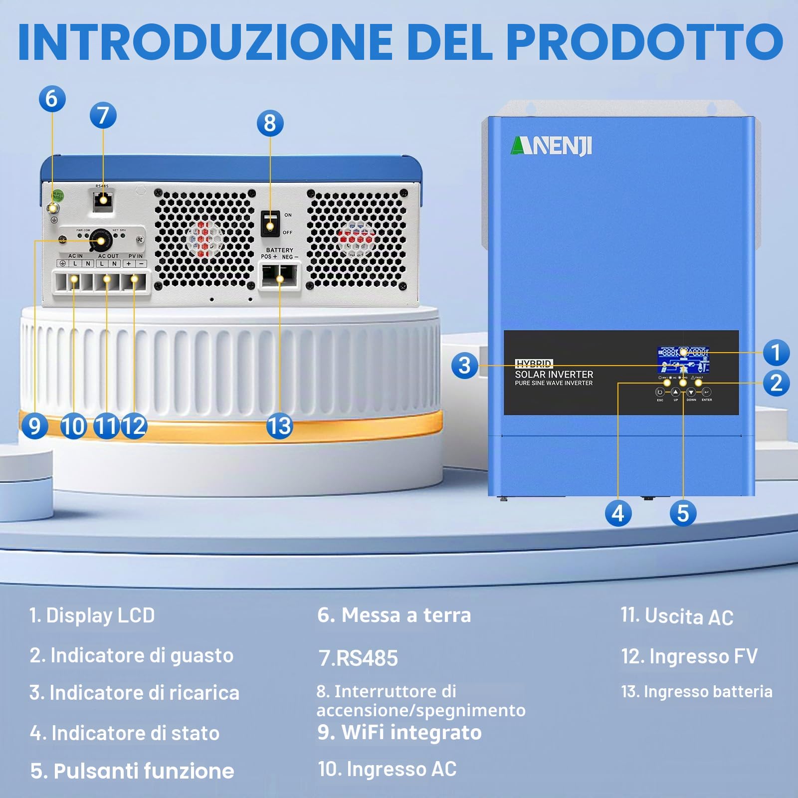 Invertitore ibrido da 6200 W, da 48 V CC a 230 V CA, con regolatore di carica solare MPPT da 120 A, ingresso massimo PV 6200 W, funziona con batterie al piombo e al litio da 48 V