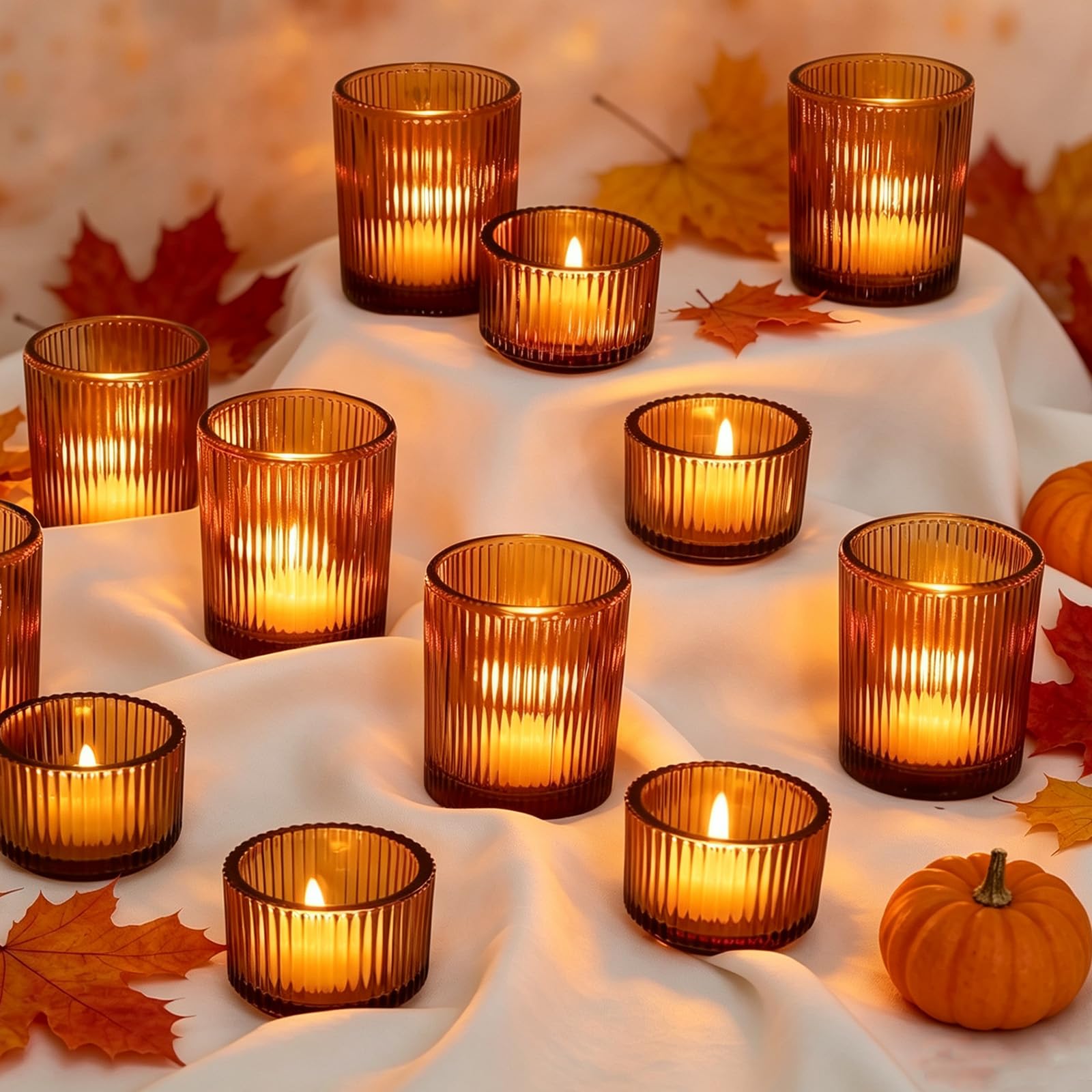 Hewory Lot de 24 photophores en verre ambré pour bougies chauffe-plat, décorations d'automne pour Thanksgiving, centre de table, fête de mariage, décoration d'intérieur