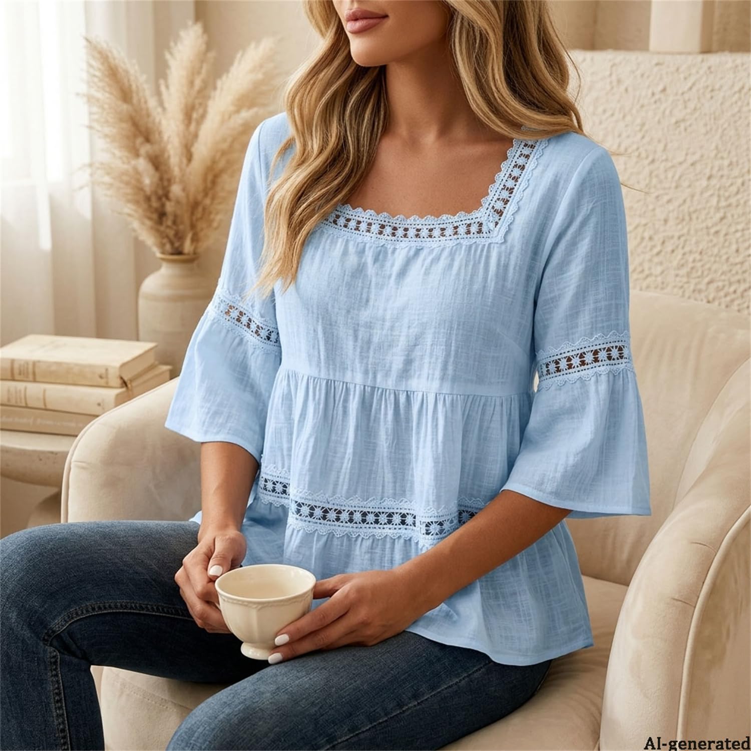 Blusa Lisa de Manga Tres Cuartos con Cuello Cuadrado y Ribete de Encaje de | Blusa bohemia de lino para mujer, blusa babydoll peplum con encaje y mangas tres cuartos