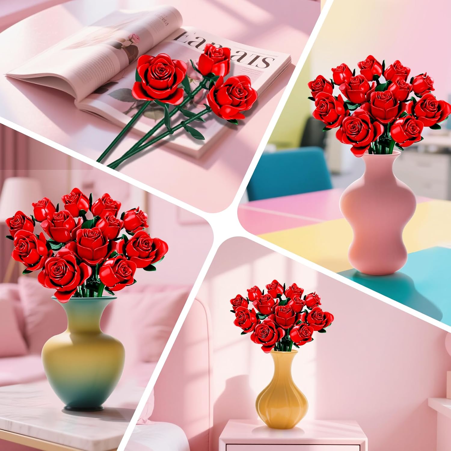 Mother's Day Flowers Bouquet Building Set, 12 Artificial Red Roses Botanical Collection Building Block Educational Toys for Girls Kids Women, 634 PCS