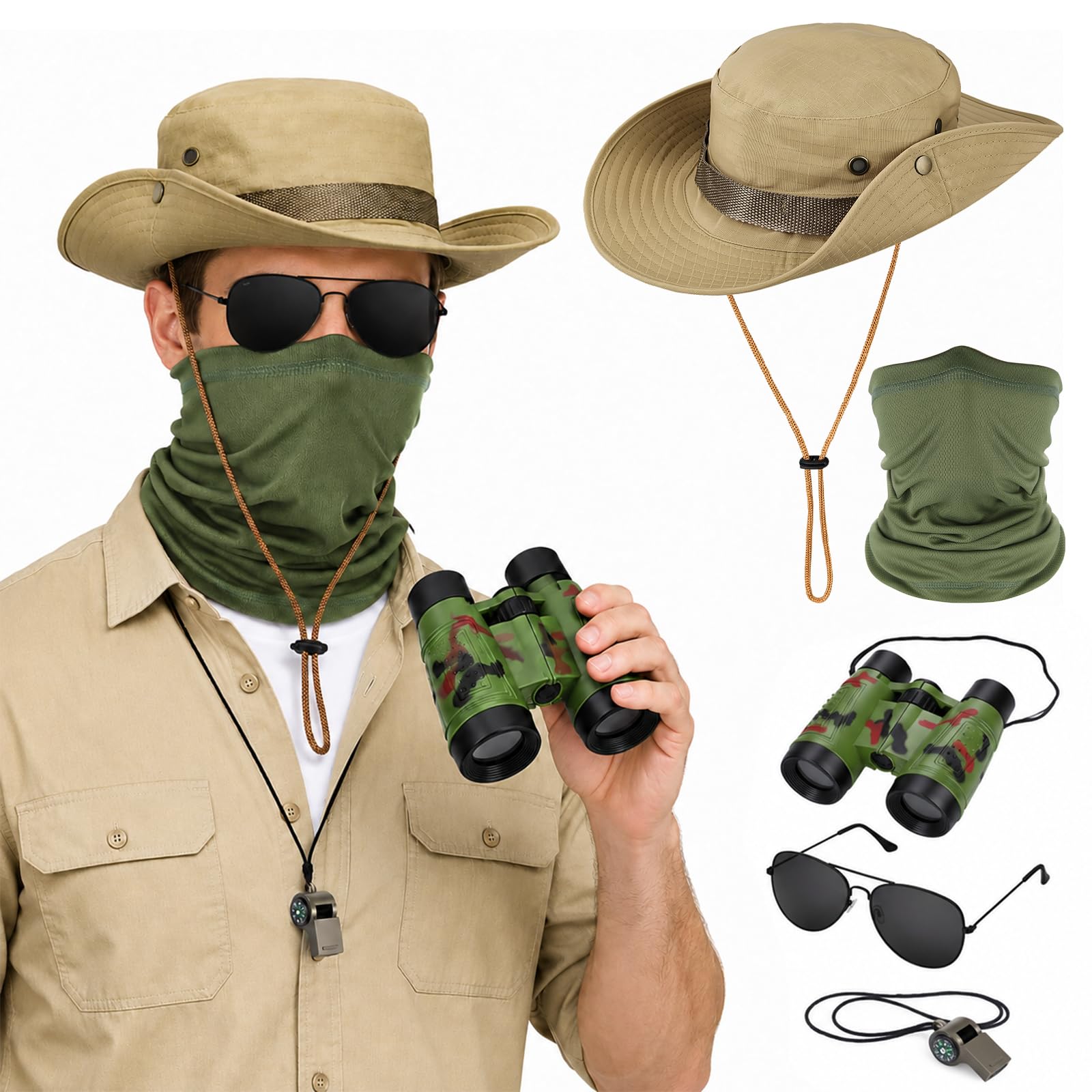 Yotako 5 PCS Safari Costume Accessories Set - Zookeeper Costume Women Men with Safari Hat Binoculars Mask Sunglasses Whistle, Explorer Safari Outfit for Halloween Cosplay Theme Party