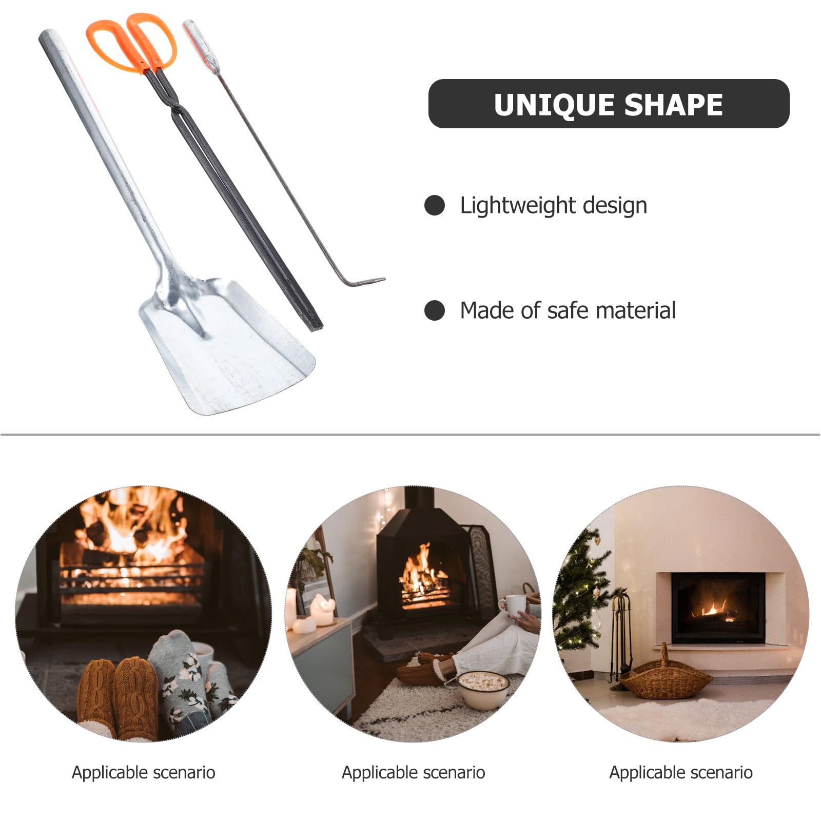 VALICLUD Set Attrezzi per Caminetto 3 Pezzi Pala a Mano in Ferro, Gancio e Pinze Ergonomiche per Legna e Cenere, Accessori Antincendio Domestici Multiuso per Riscaldamento Casa e Giardino