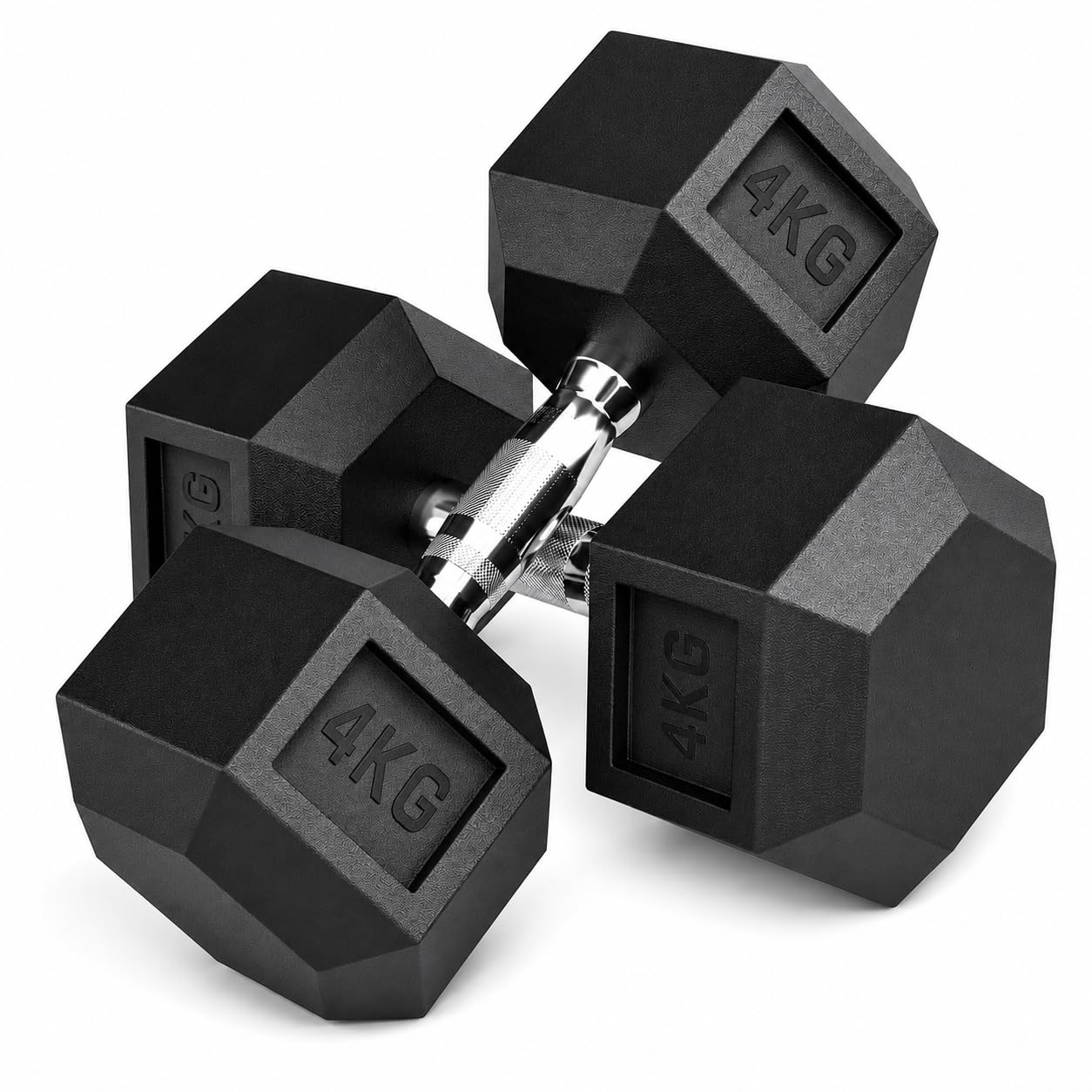 Hex Dumbbell Pair, 4kg Rubber Coated Free Weight with Anti-Roll Hexagonal Ends and Knurled Chrome Steel Grip, Compact Home Gym Dumbbell for Strength & Resistance Workouts
