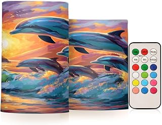 panksolu Flickering Flameless Candles, Dolphins Sunset Sea LED Candles with Remote Timer, Battery Operated Candle for Wedding Halloween Christmas Decor - Set of 2