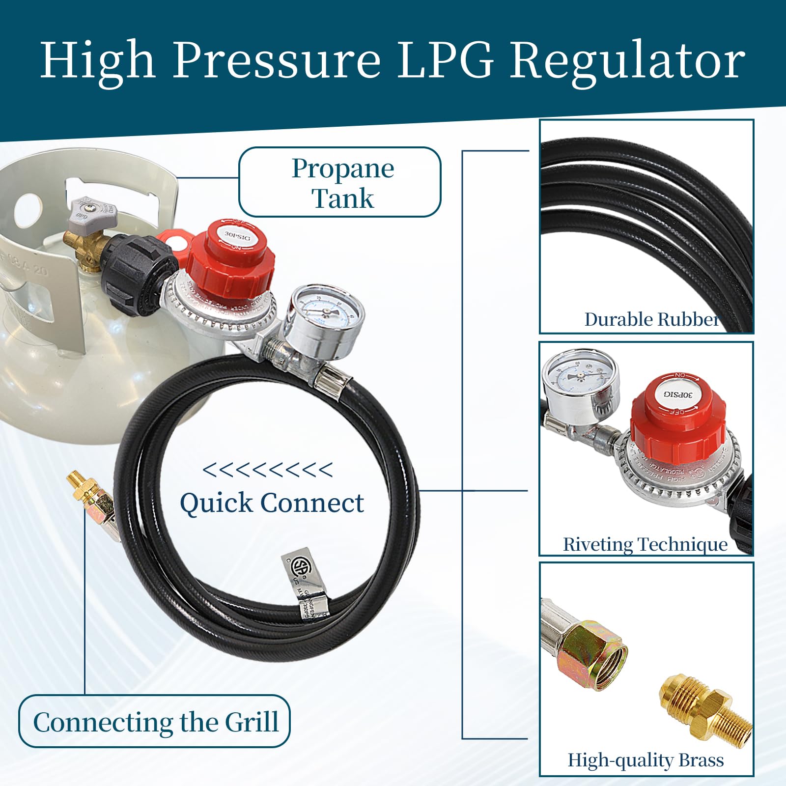 Regolatore di propano ad alta pressione da 1,5 m con manometro, uscita regolabile da 0 a 30 psi, tubo in PVC resistente, per friggitrici, bruciatori, affumicatori e cucina all'aperto