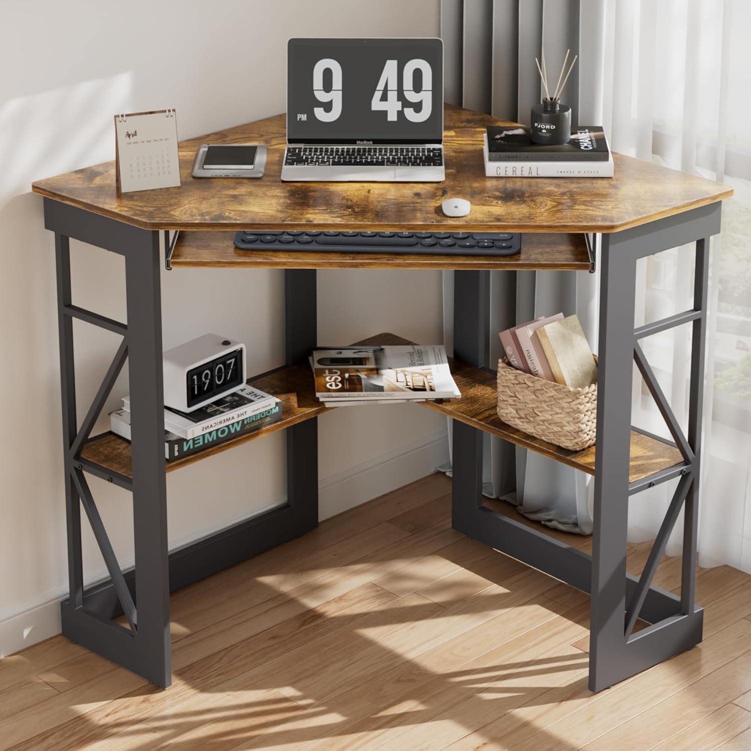 VECELO Corner Desk Computer Desk Writing Table with Smooth Keyboard Tray & Storage Shelves,Compact Home Office Triangle Table,Antique Brown