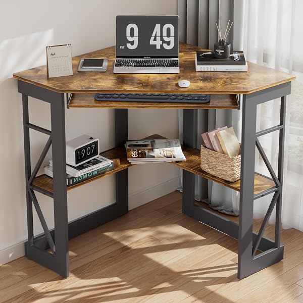VECELO Corner Desk Computer Desk Writing Table with Smooth Keyboard Tray & Storage Shelves,Compact Home Office Triangle