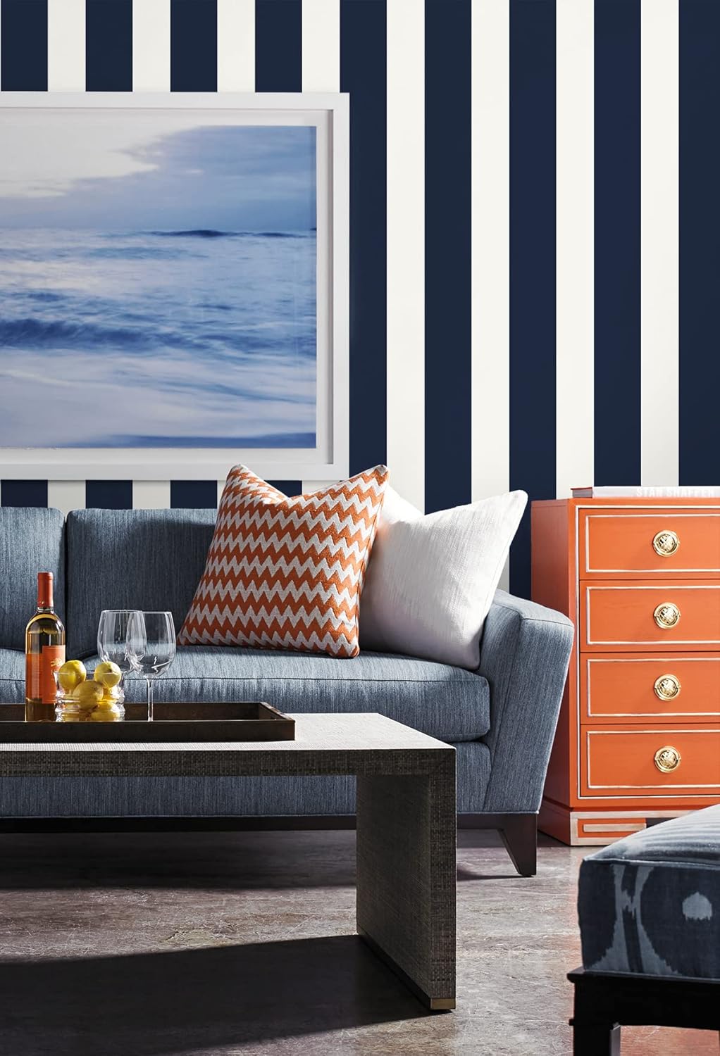 Lillian August NextWall Luxe Haven Designer Stripe Peel and Stick Wallpaper (Midnight Blue & White)