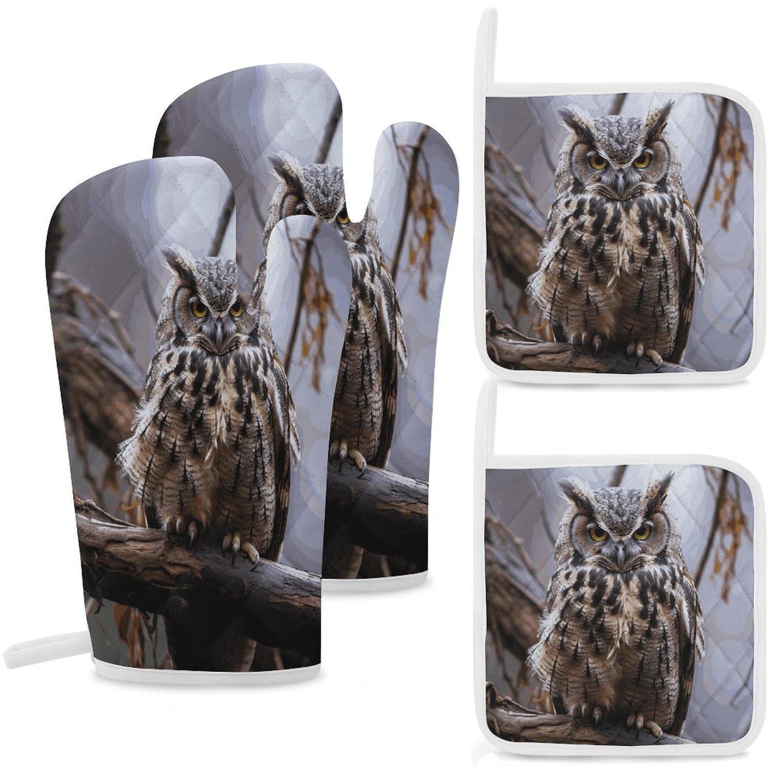 Owl on A Branch Oven Mitts and Pot Holders Sets Heat Resistant Oven Glove with Hanging Loop for Baking Cooking BBQ Thicken Potholders for Kitchen