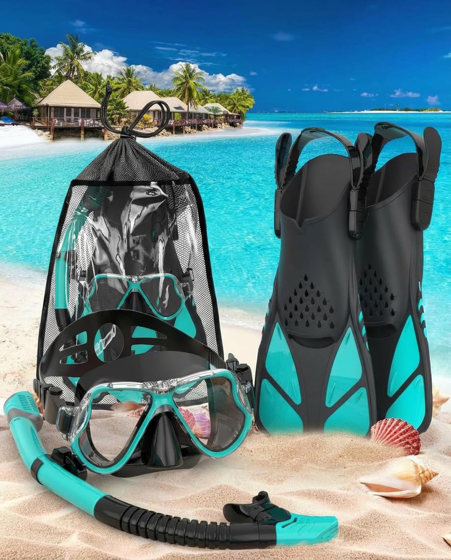 Schnorchelset Erwachsene 3-in-1,Anti-Fog & Leck Tauchmaske mit gehärtetem Glas, Dry Top Schnorchel & verstellbare Flossen – Schnorchelausrüstung für Schwimmen & Reisen
