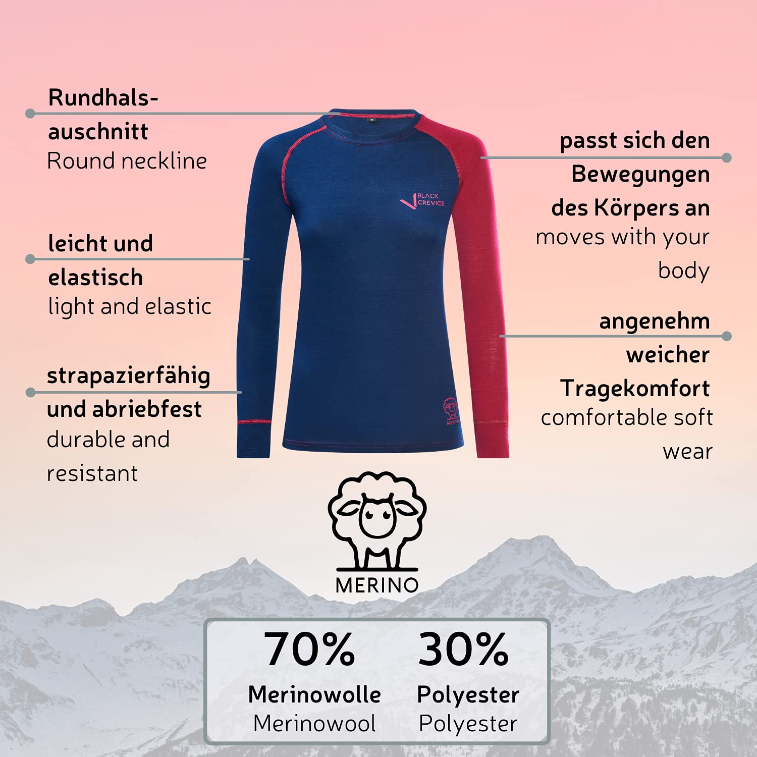 Black Crevice Maglia A Manica Lunga, Donna, Lana Merino Maglia Donna
