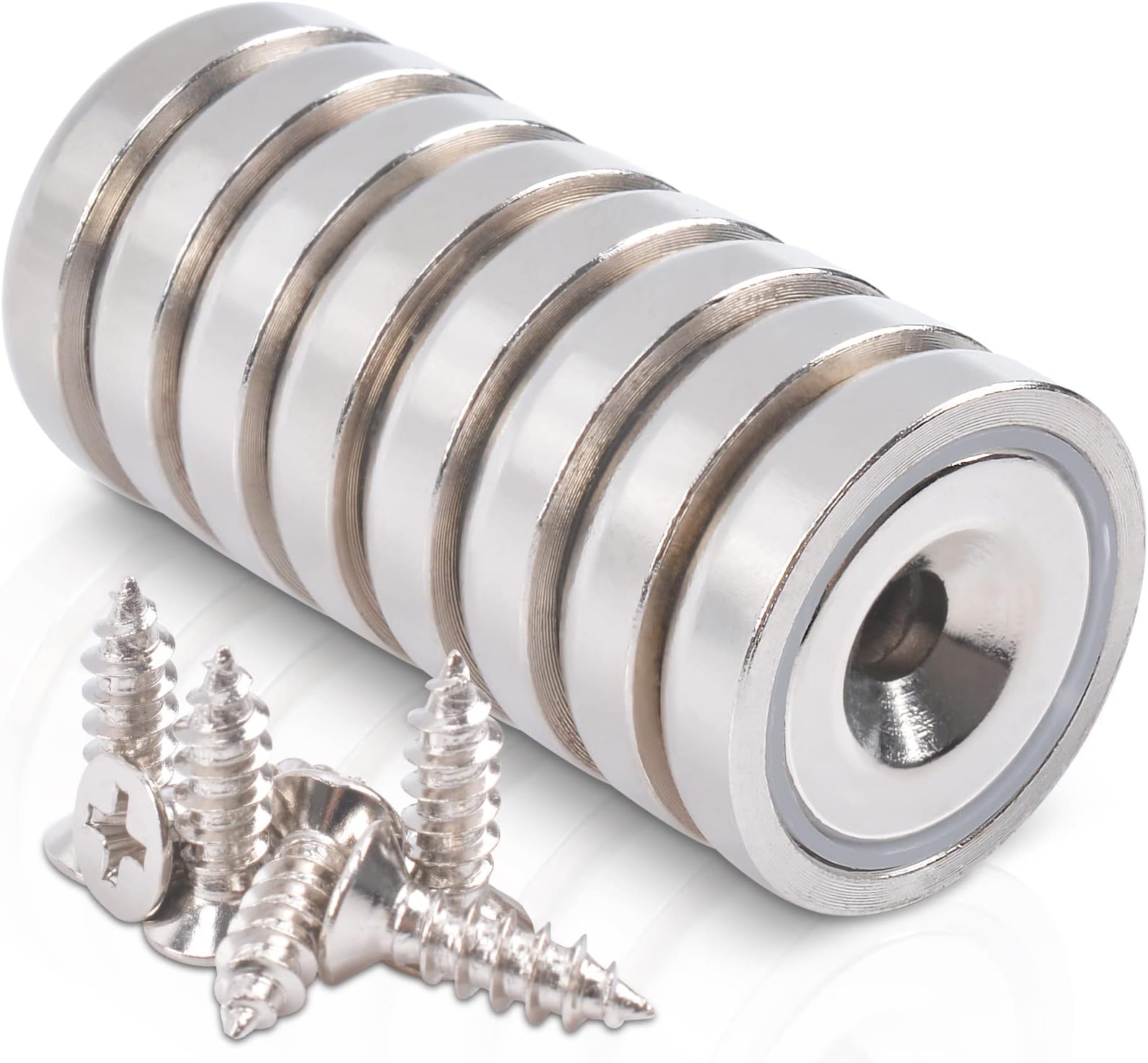 60LBS Neodymium Round Base Cup Magnet Heavy Duty, 0.98 inch Strong Permanent Magnets with Countersunk Hole and Screws for Industrial Craft Cabinet Door Wood, 8 Pack