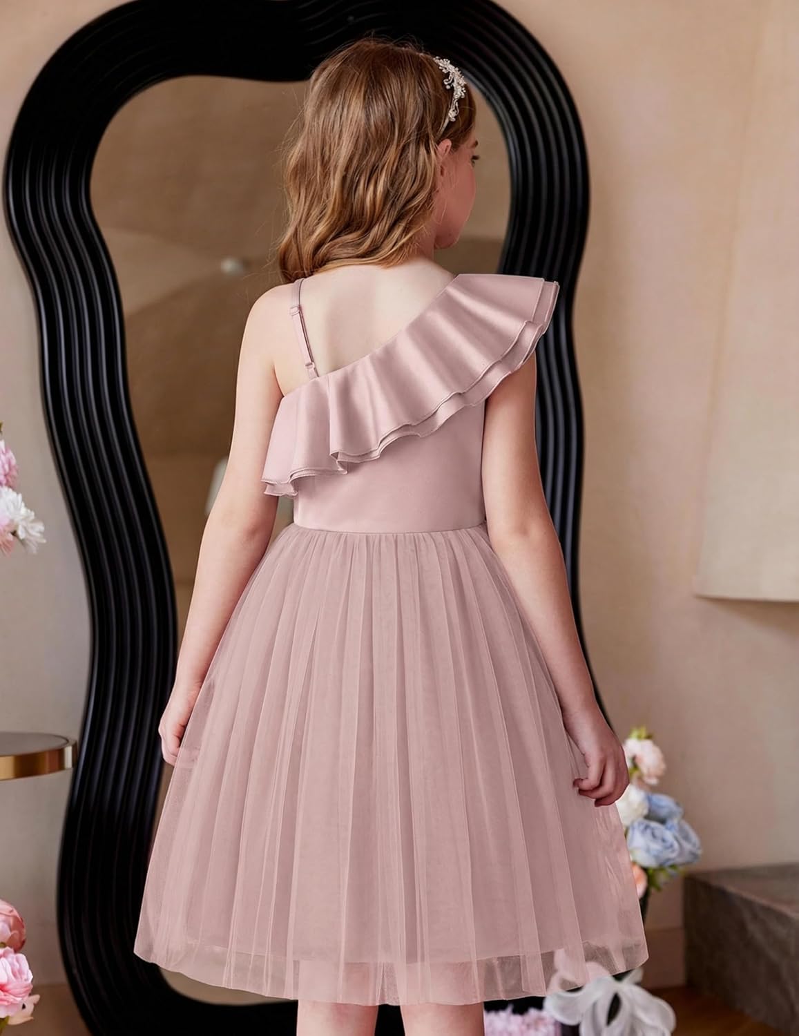 Arshiner Girls Dresses Ruffle Trim Off Shoulder Formal Wedding Party Fancy Summer Tulle Dress for 6-14 Years