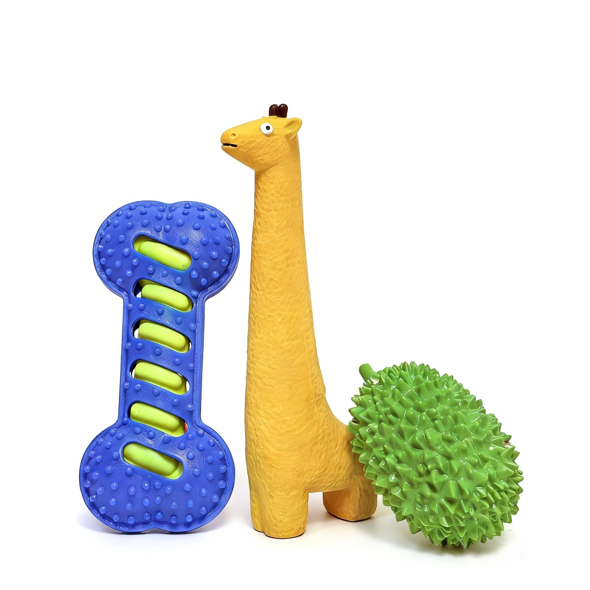 BowBabe 3-Piece Natural Latex Dog Chew Toy Set for All Breeds, Squeaker Dental Chew Toys, 3 Textures: Giraffe, Durian, Bone