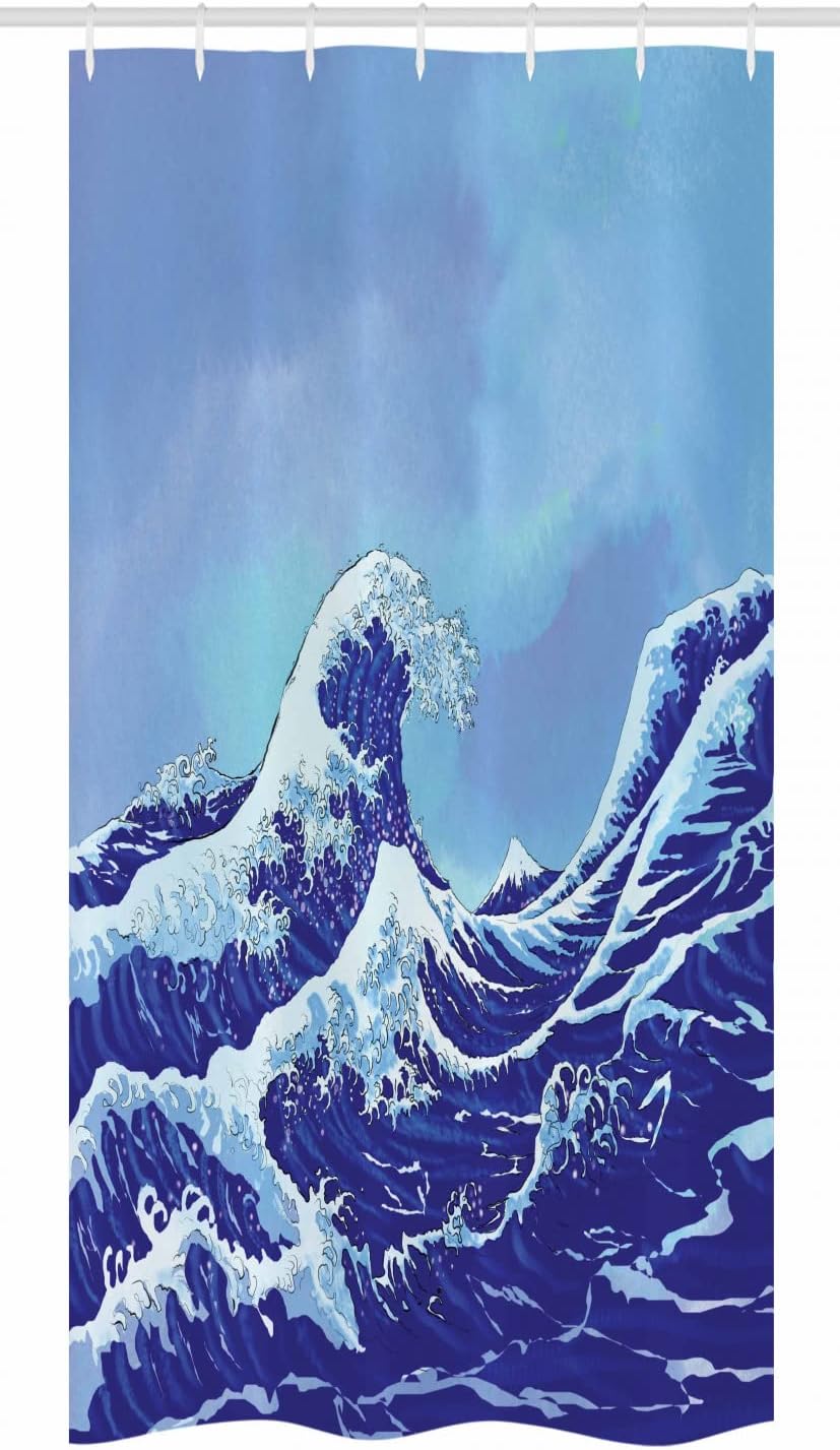 Ambesonne Kanagawa Stall Shower Curtain, Big Tsunami in The Ocean Blue Sky Japanese Nature Sea Waves Art, Fabric Bathroom Decor Set with Hooks, 36" W x 72" L, Blue Navy