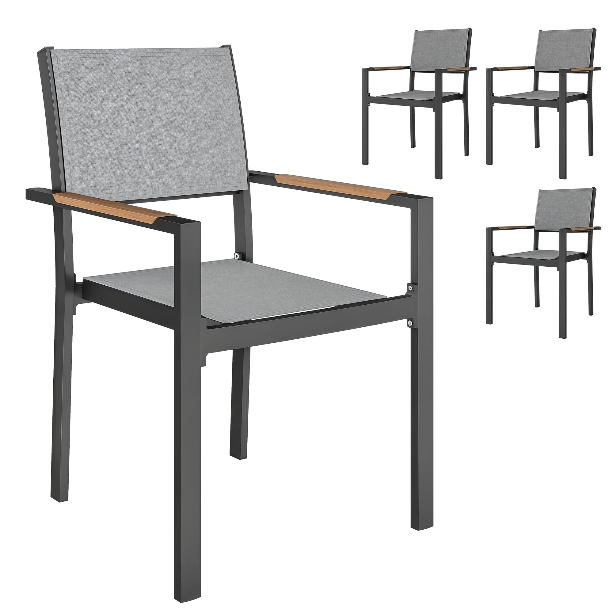 Outsunny Set di 4 sedie da giardino con braccioli effetto legno, sedie da pranzo struttura in alluminio sedie da esterno in tessuto traspirante per balcone, terrazza, grigio chiaro