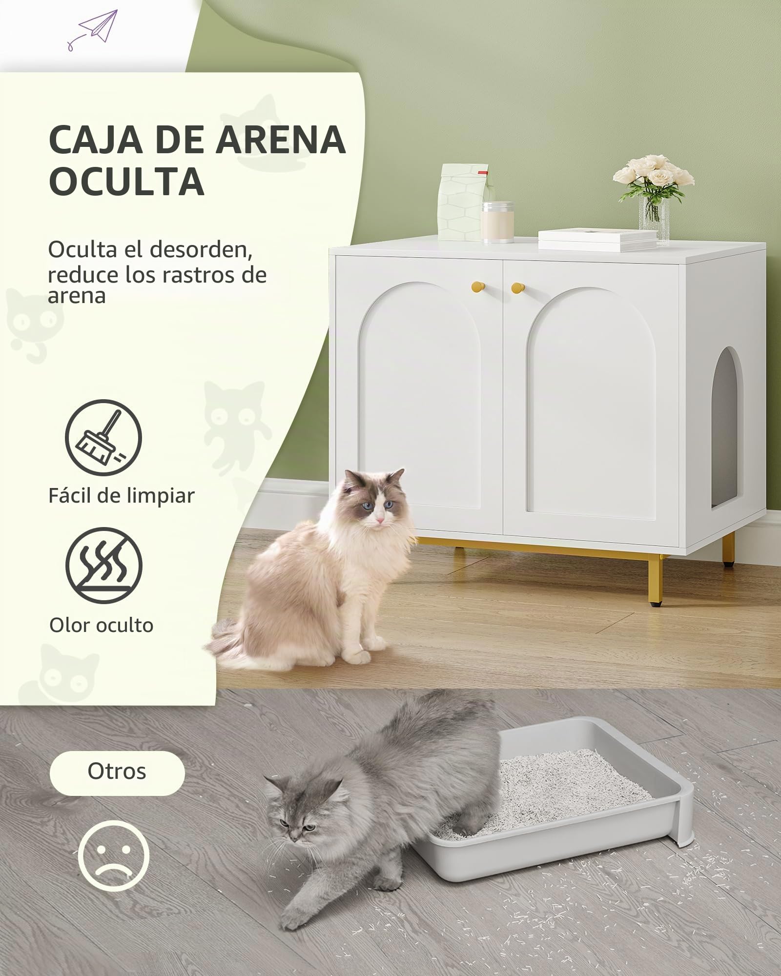Hzuaneri Caja de Arena para Gatos, Muebles de Caja de Arena, Mesa Auxiliar para Casa de Mascotas, Banco de Gabinete de Almacenamiento, se Adapta a la Mayoría de Gatos, Blanco y Dorado CB85003G