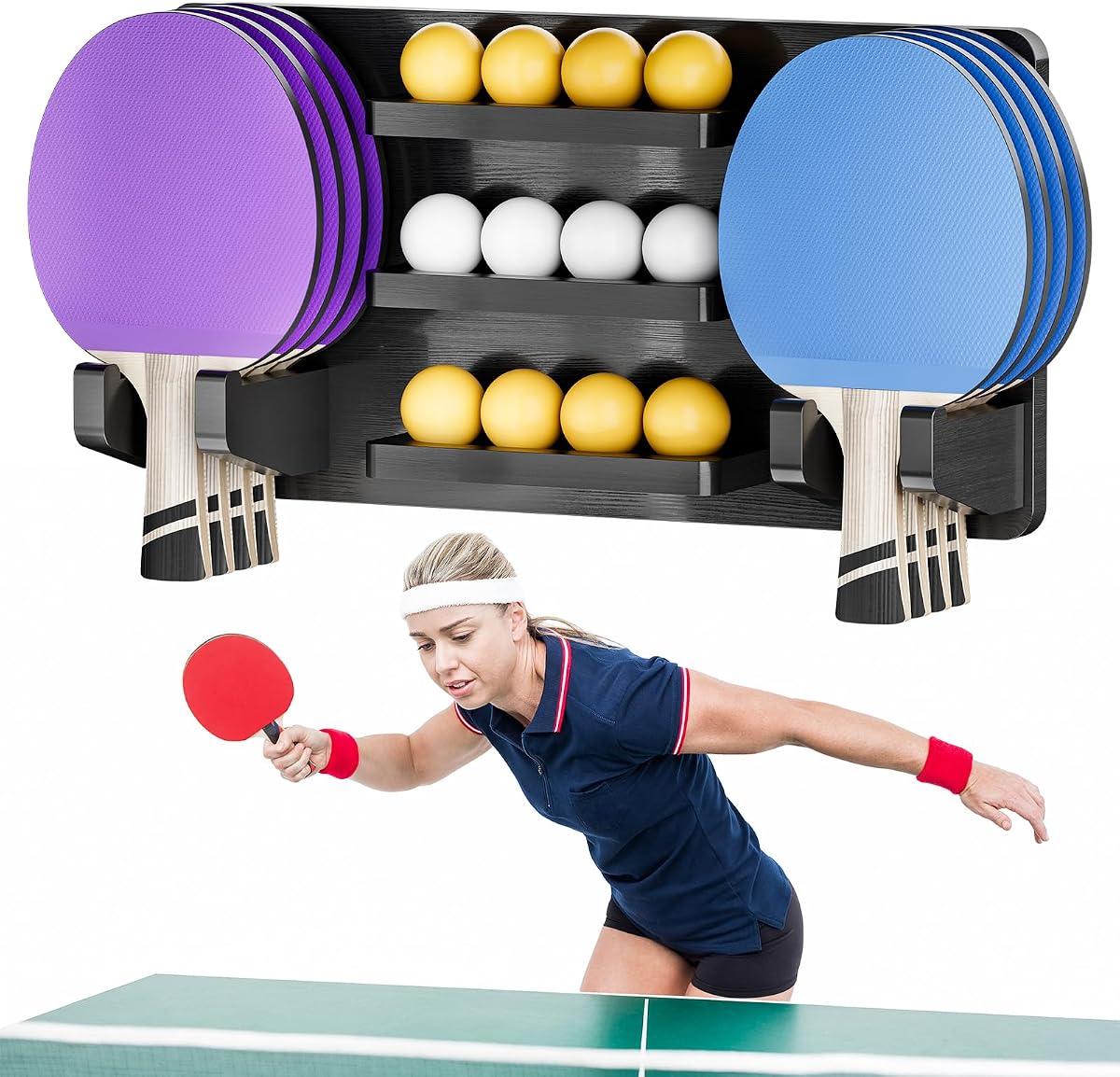 Ping Pong Paddle Holder Wall Mount Hold 8 Paddles and 12 Ball Storage, 100% Solid Wood Ping Pong Paddle Storage Rack, Table Tennis Accessories Organizer in Game Room,Man,Cave,Office,Home, Black