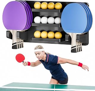 Ping Pong Paddle Holder Wall Mount Hold 8 Paddles and 12 Ball Storage, 100% Solid Wood Ping Pong Paddle Storage Rack, Table Tennis Accessories Organizer in Game Room,Man,Cave,Office,Home, Black