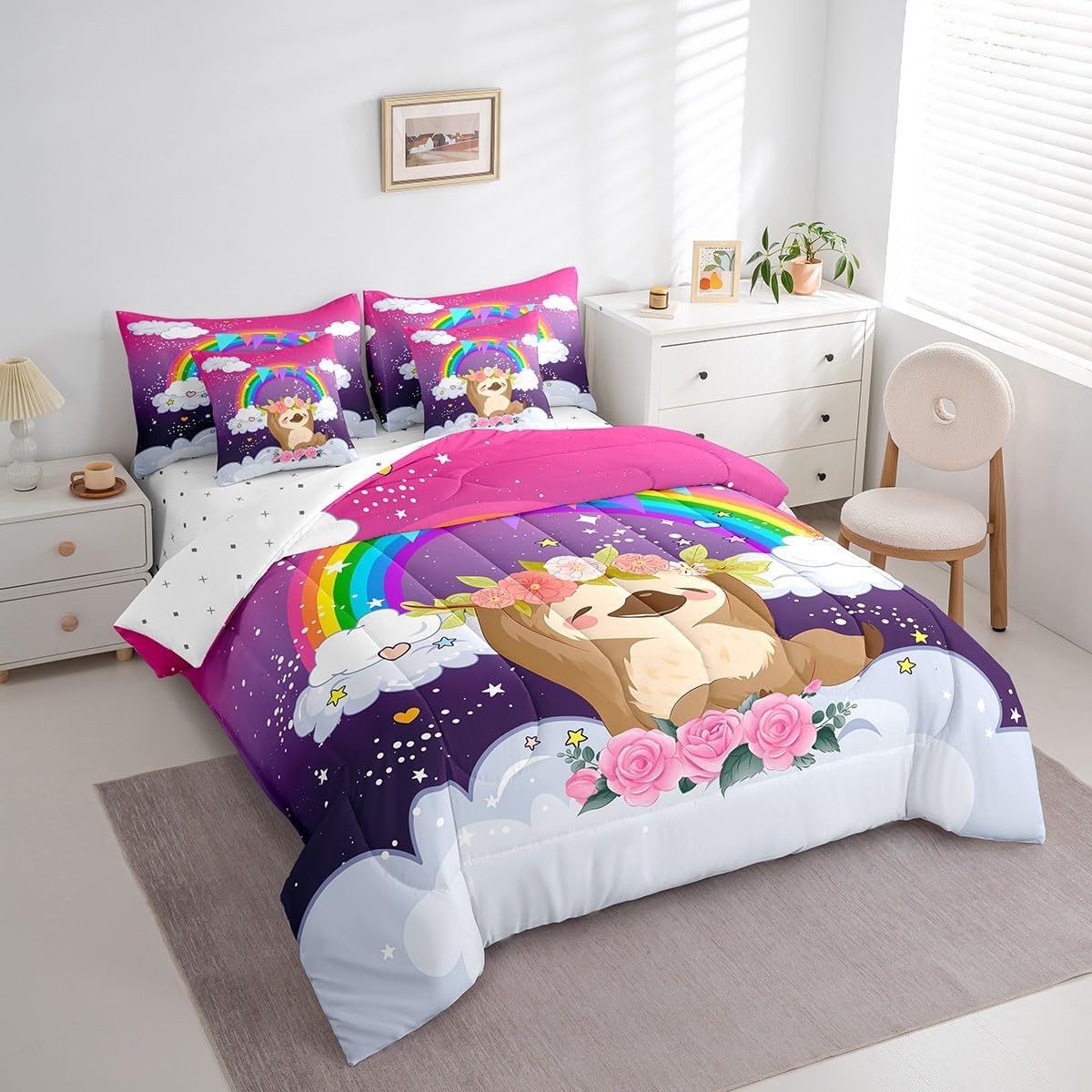 Erosebridal Galaxy Comforter Set for Kids,Kawaii Sloth Twin Bed in A Bag Girls Rainbow Striped Clouds Stars Bedding Sets,(1 Comforter,2 Pillowcases,1 Flat Sheet,1 Fitted Sheet,2 Throw Pillow Covers)