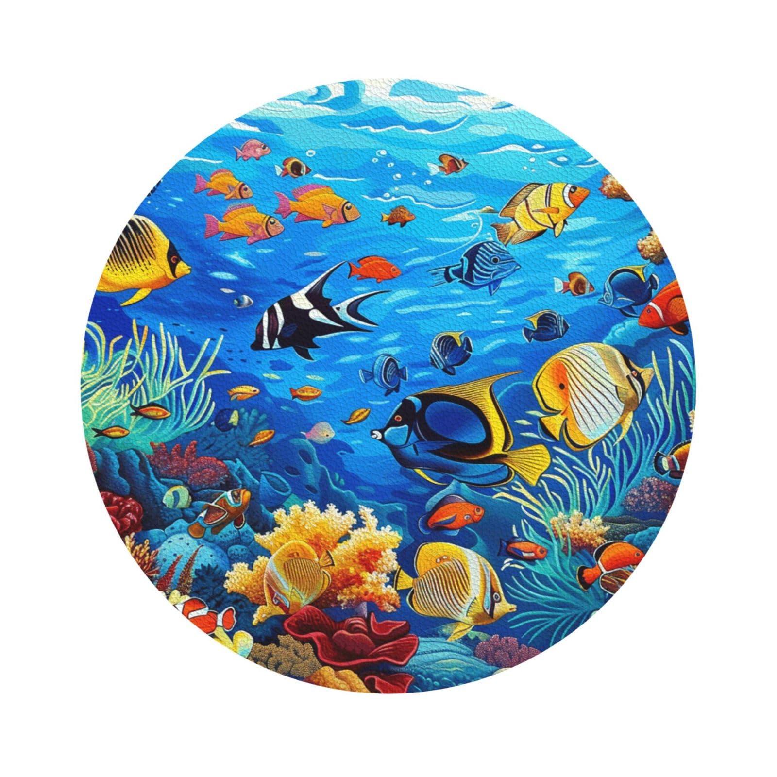 Tropical Fish Coral Undersea World Print Leather Coaster Set of 6, Round Shape Coasters Table Decorative Coffee Cup Beverage Coasters Wine Beer Bar Coasters for Hot Drinks Table Protection