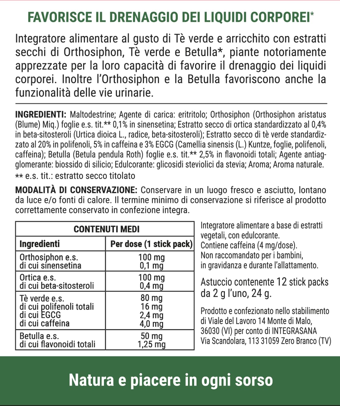 Integratore solubile, Gusto tè verde, Confezione da 12 stick da sciogliere in acqua fredda o calda. Favorisce il drenaggio dei liquidi corporei.