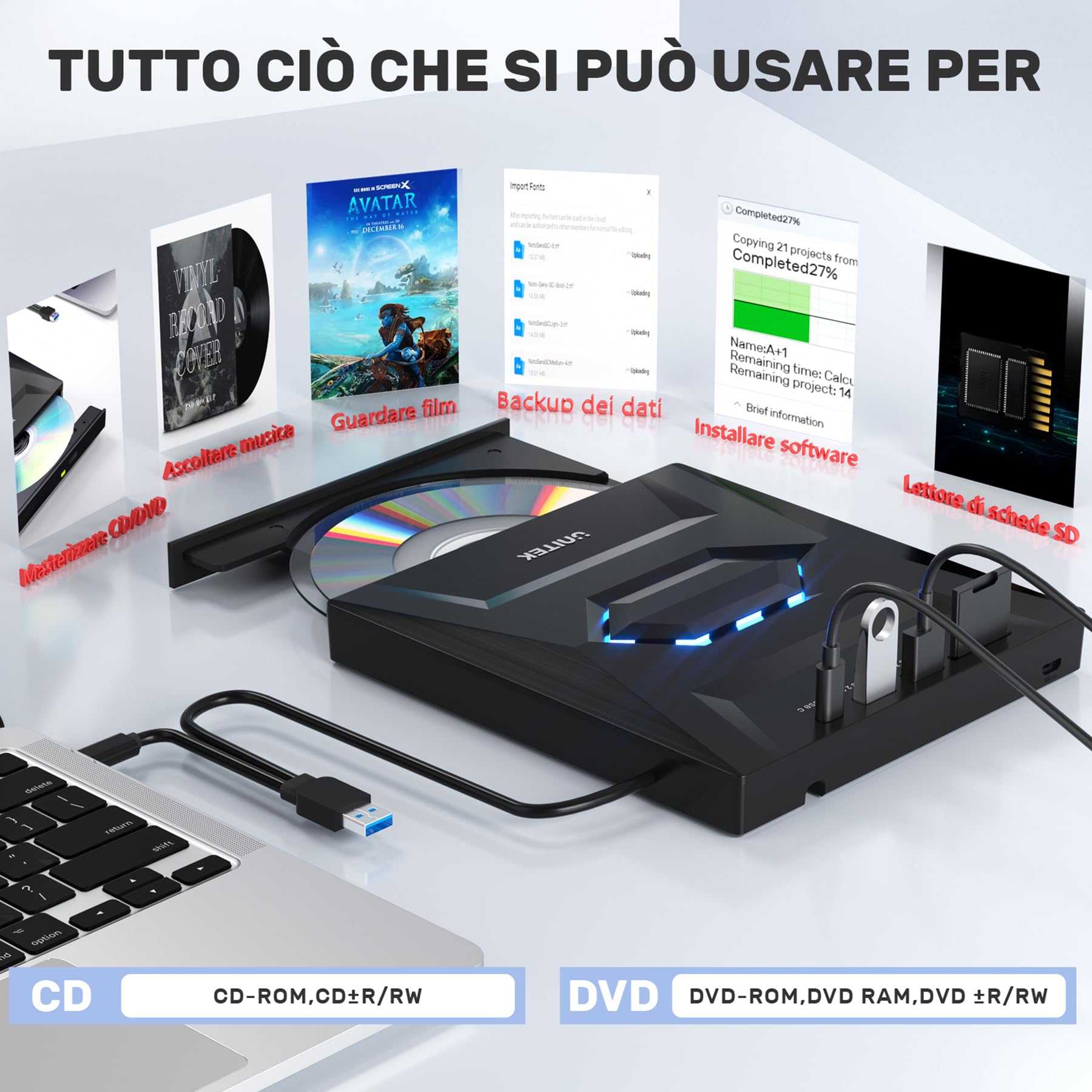 UNITEK Masterizzatore esterno USB 3.0&Type C Unità CD/DVD esterna -/+RW con slot per scheda SD per PC Laptop, Desktop, Portatile, Macbook Pro/Air per Windows 11/10/8.1/7/XP/Vista/Linux/MacOS