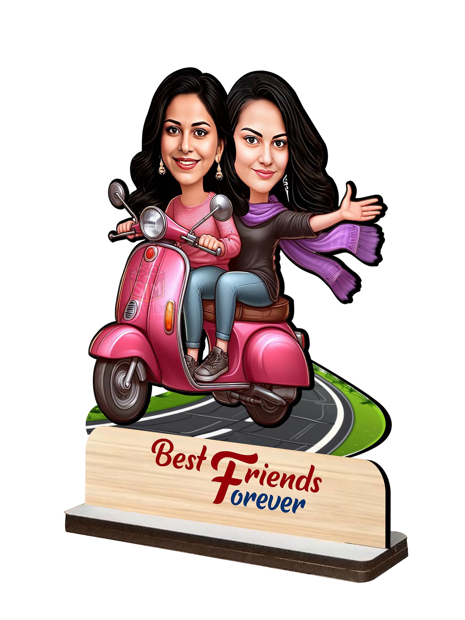 SM CREATIONS Customized Caricature for Best Friends on Scooty|Best Friends Girls|Best Gifts for Anniversary|Birthday|Wedding|Home&Decor (8X6Inch)-image-5